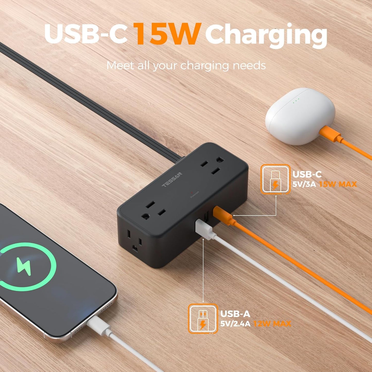 Black Extension Cord 5 Ft, TESSAN Flat Surge Protector Power Strip with 4 Wide Spaced AC Outlets 3 USB Ports (1 USB C), Ultra Thin Flat Plug with 900J Surge Protection, Office Dorm Room Essentials