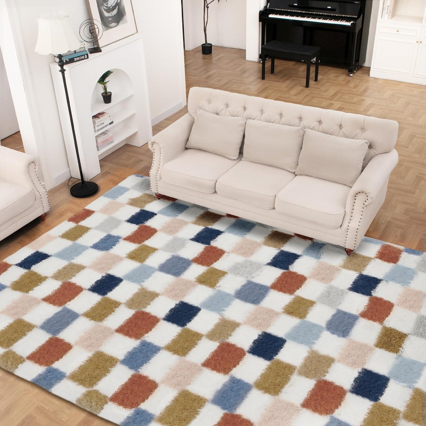Super Soft Rug for Bedroom, 5x7 Ft Rainbow Area Rug Classic Checkered Shaggy Rug Anti-Skid High Pile Soft Fluffy Fuzzy Carpet for Living Room Bedroom Kids Room Nursery, Dorm Home Decor
