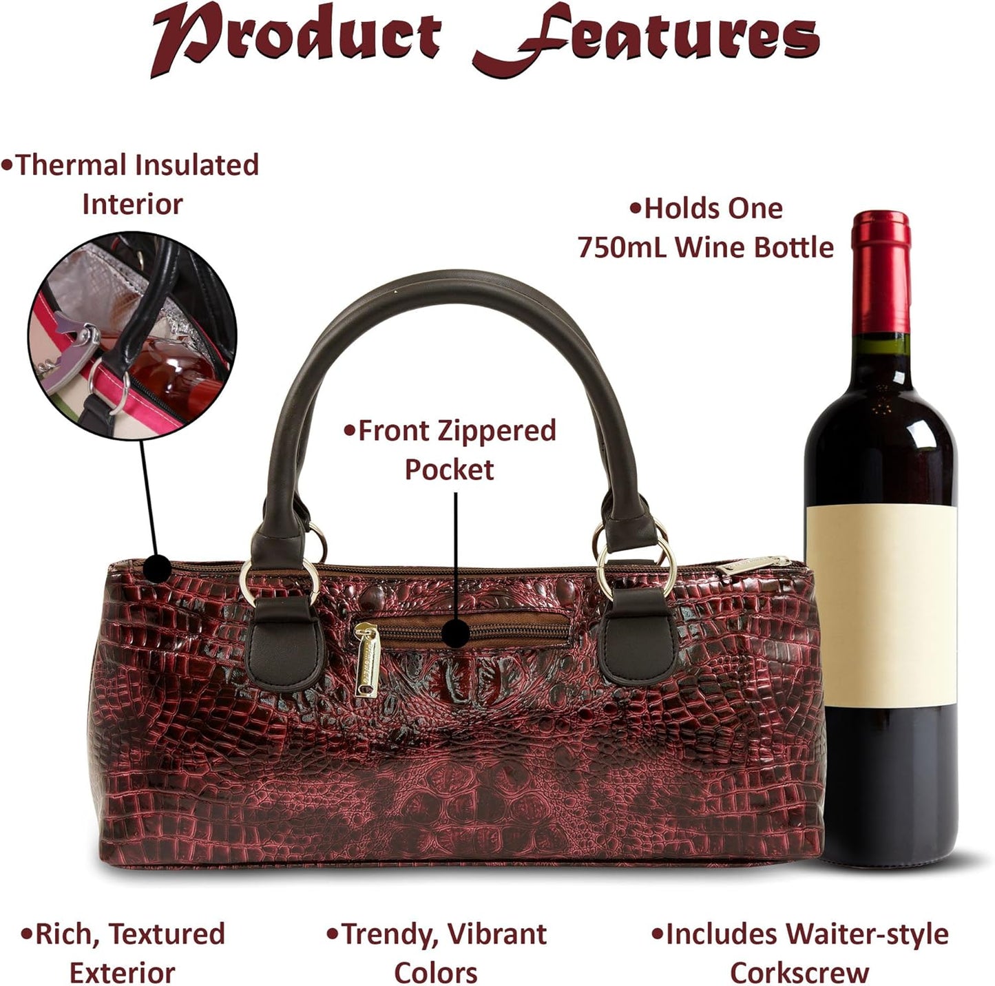 Wine Clutch Bag (Thermal Insulated) Trendy Women’s Carry Tote | Holds Red & White 750mL Bottles | Trendy Fashion | Incl. Portable Waiter-Style Corkscrew