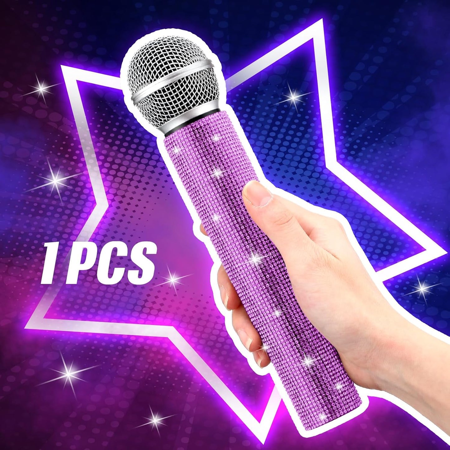 Sanwuta Fake Microphone Prop Sparkly Bling Rhinestones Plastic Play Microphone Pretend Glitter Bedazzled Mic for Cosplay Party Costume(Purple)
