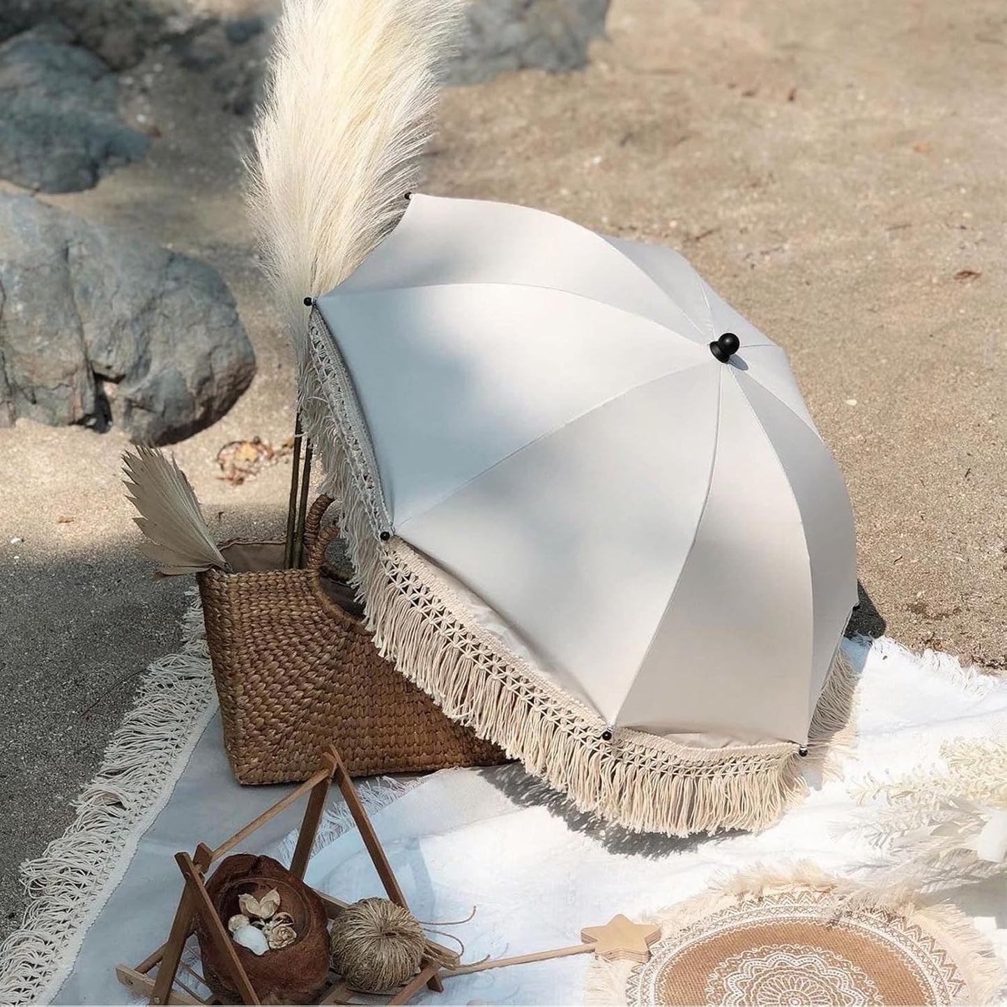 Baby Outdoor Parasols, Baby Stroller Parasol Umbrella with Adjustable Clamp, Toddler Umbrella for Trolley Wheelchair Beach Chair, Outdoor Activities (Beige)