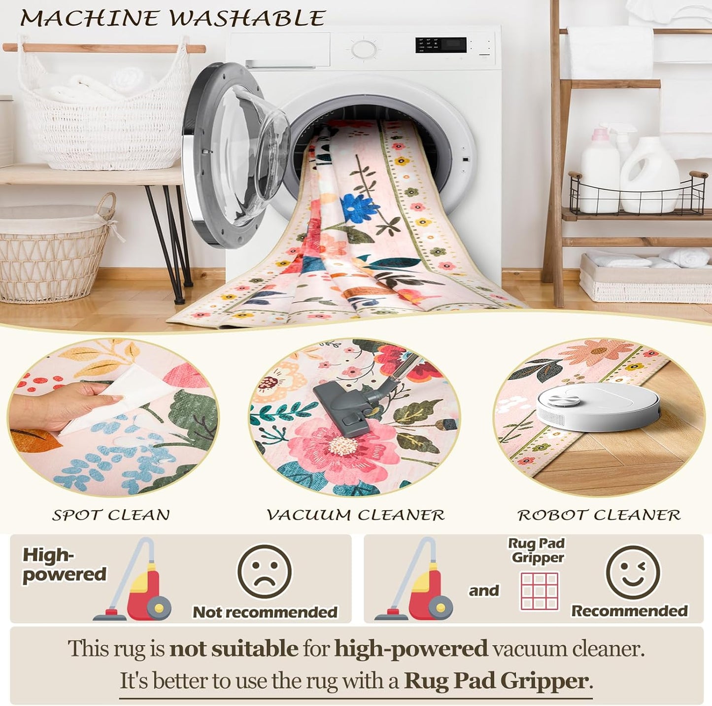 Floral 6ft Area Rug Machine Washable Soft Print Boho Carpet Non Slip Doormat Low Pile Flower Area Rugs for Living Room Bedroom Nursery Kitchen Dining Room Indoor-Pink