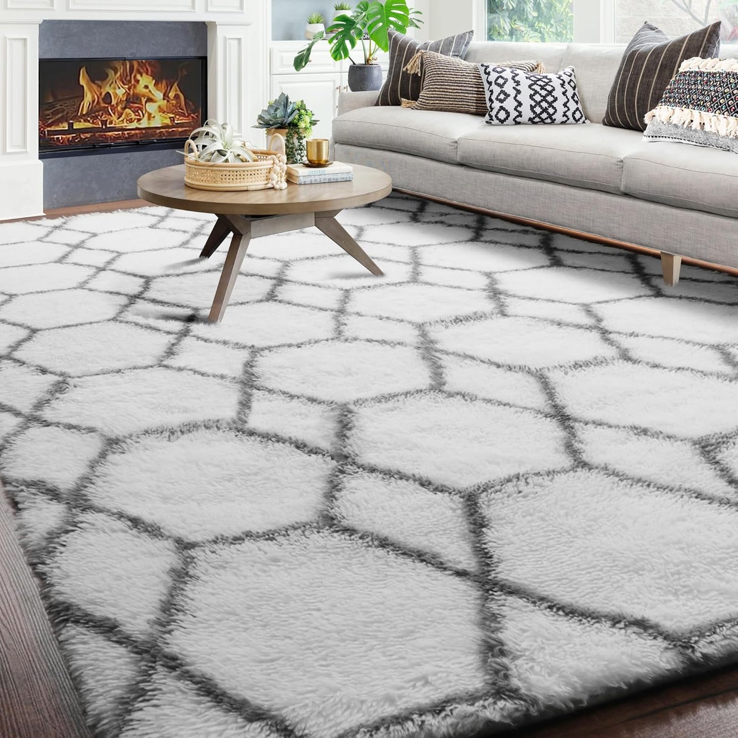 ONASAR Area Rugs for Living Room, Washable 7x10 Fluffy White and Grey Rug for Bedroom, Geometric Moroccan Indoor Shaggy Boho Soft Plush Floor Carpet for Kids Teen Nursery Dorm Home Decor Aesthetic