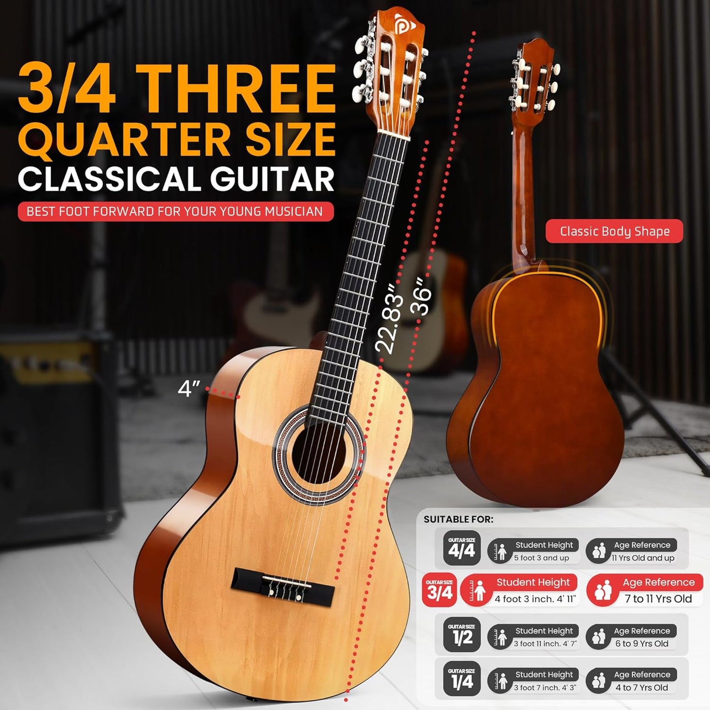 Pyle Left Handed Beginner Acoustic Guitar Kit, 3/4 Junior Size All Wood Build Nylon String Instrument with Capo, Strap, Extra String Set, Gig Bag, Guitars for Beginners Adults Youth, 36" Natural Gloss