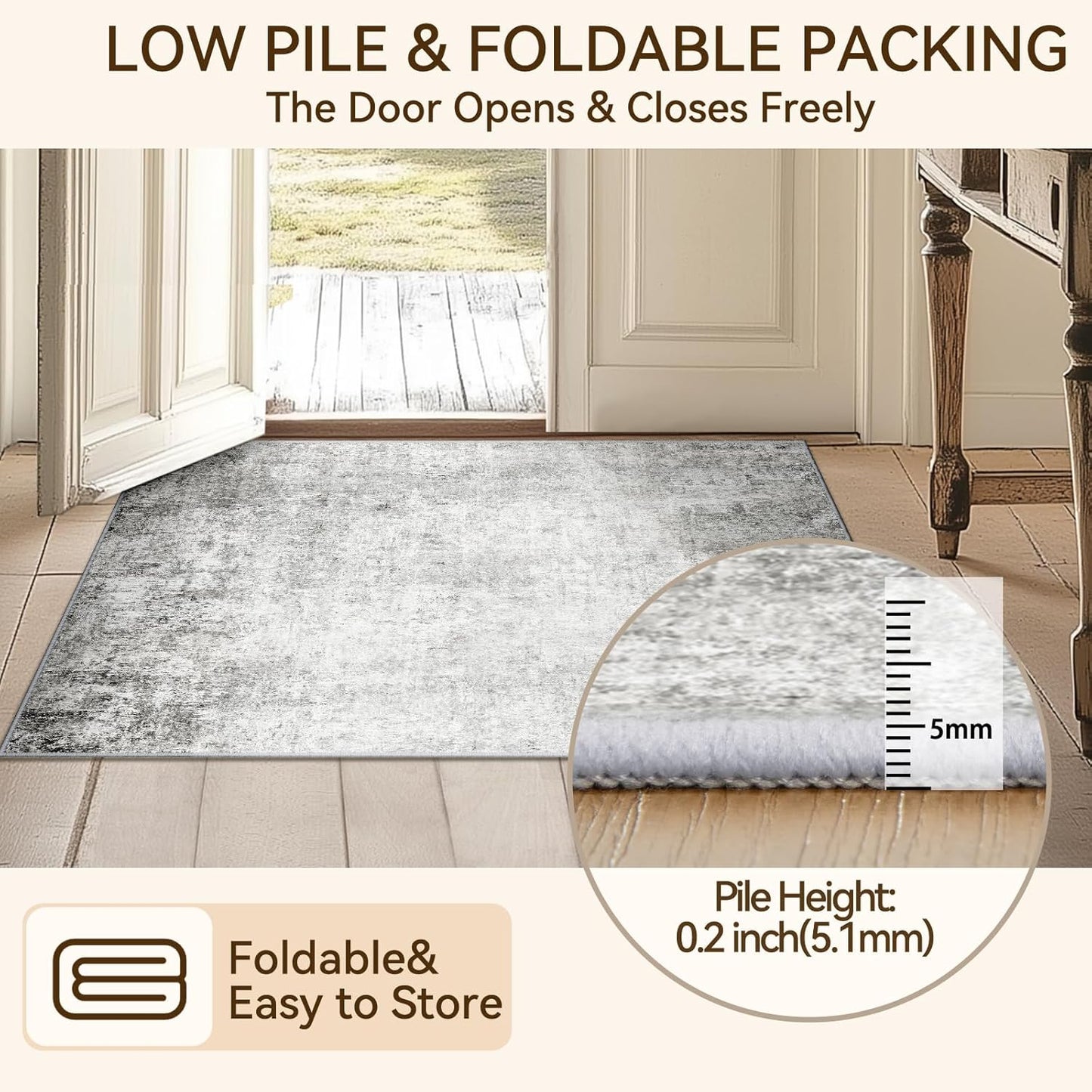 Washable Area Rugs 8ft Non-Slip Modern Abstract Soft for Living Room Entryway Bedroom Nursery, Print Pattern, Gray White Grey