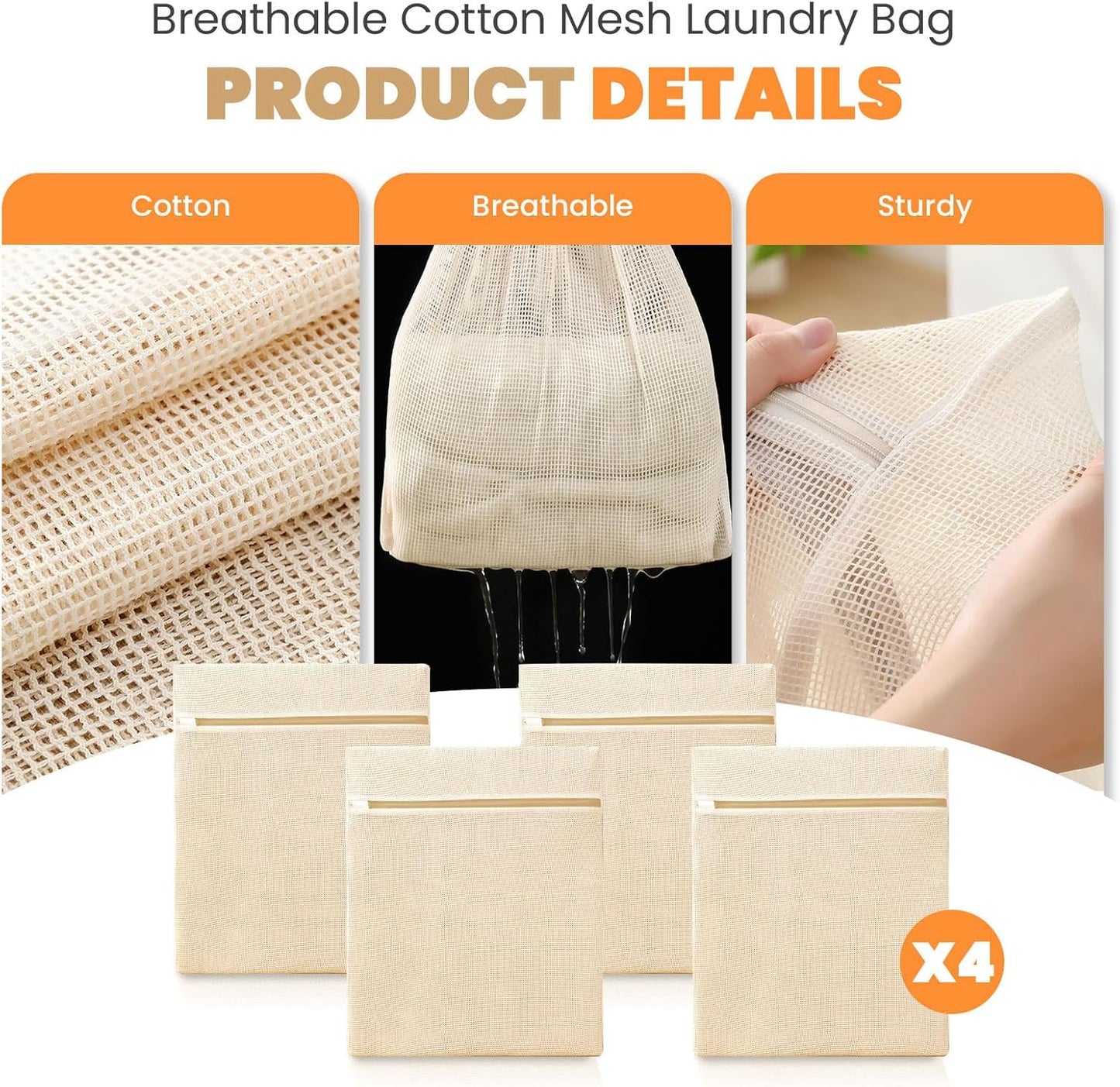 4Pcs Large Cotton Mesh Laundry Bags for Delicates,Breathable Mesh Garment Bag for Washing Machine,Travel Wash Bags with Zipper for Bras,Underwear,Socks,Clothes,Laundry Dorm Room Essentials(L)