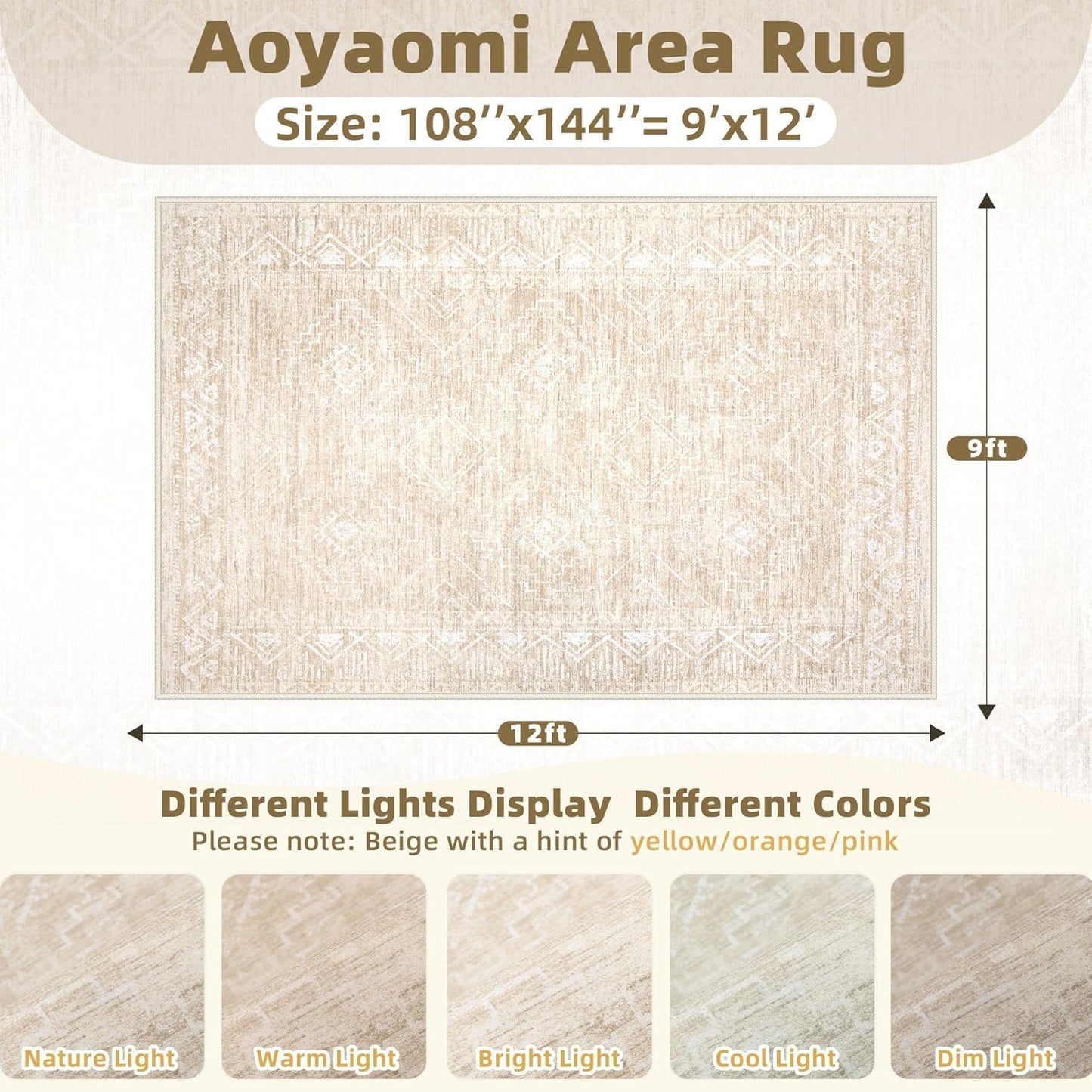 Large Living Room Area Rug 9x12 - Machine Washable Vintage Boho Moroccan Rugs Geometric Neutral Rug Non-Shedding Low Pile Distressed Farmhouse Carpet for Bedroom Nursery Classroom Dorm (9 x 12, Beige)