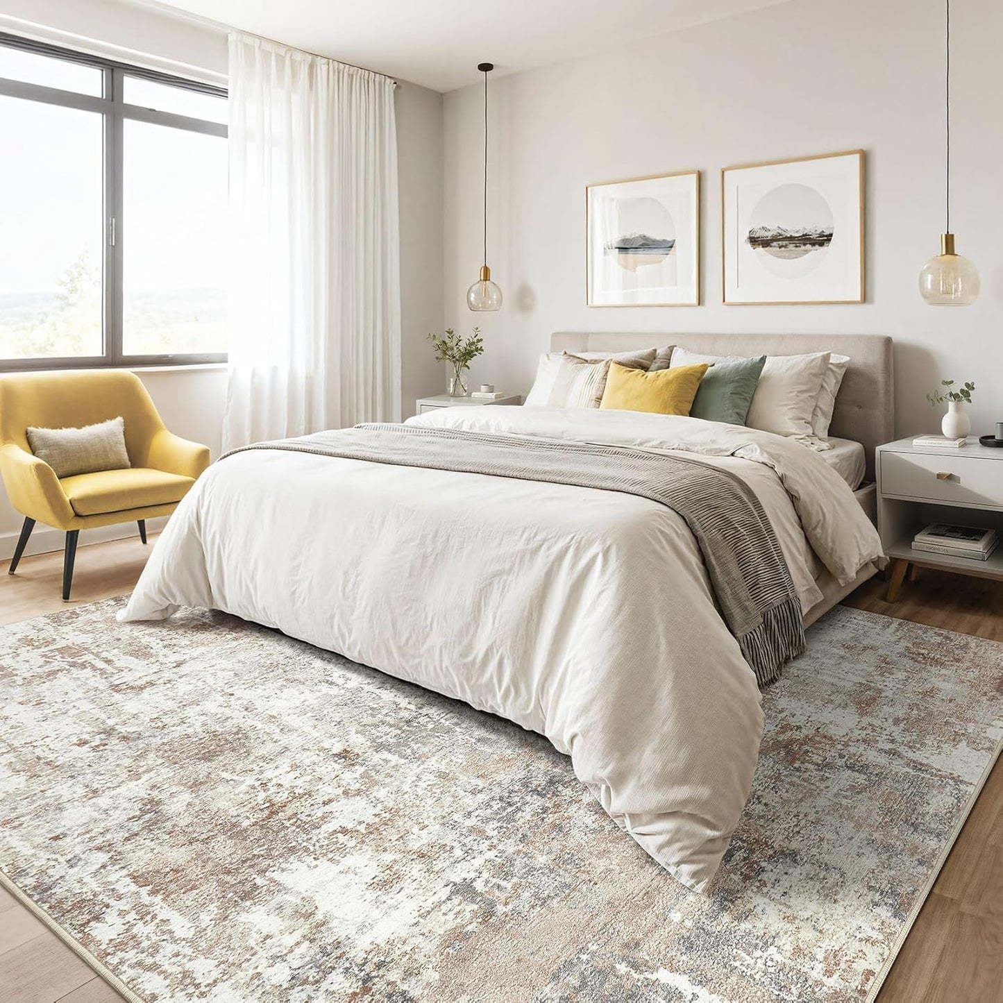 7x9 Area Rug Living Room: Machine Washable Large Abstract Modern Soft Rugs Stain Resistant Indoor Floor Non Slip Accent Carpet for Bedroom Nursery Playroom Office Dining Room Dorm Home House- Brown