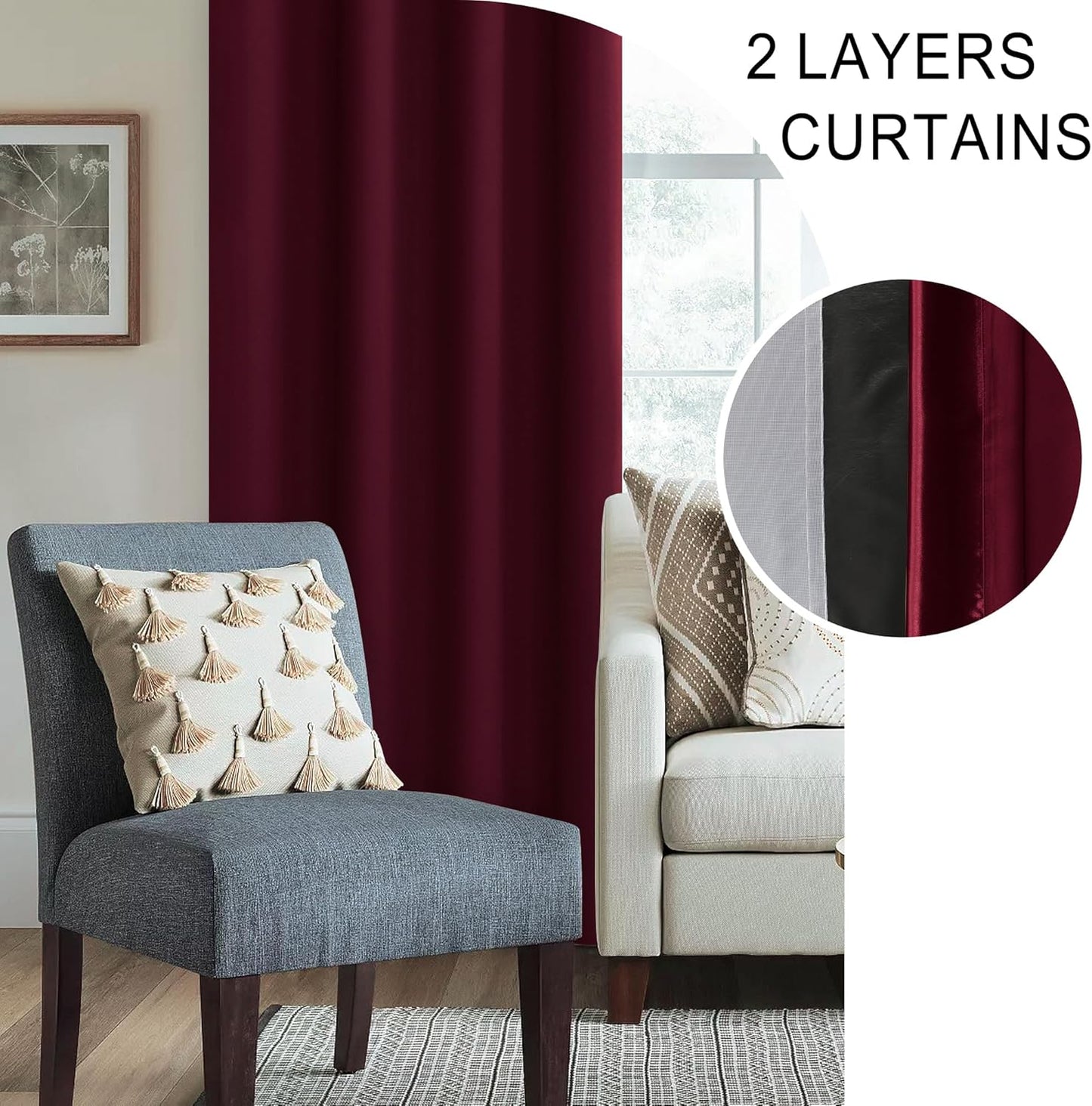 XWZO 100% Blackout Curtains Panels with Tiebacks- Heat and Full Light Blocking Window Drapes for Bedroom/Nursery, 95 Inches Long Thermal Insulated Draperies, Rod Pocket，Burgundy, W52 x L95, Set of 2