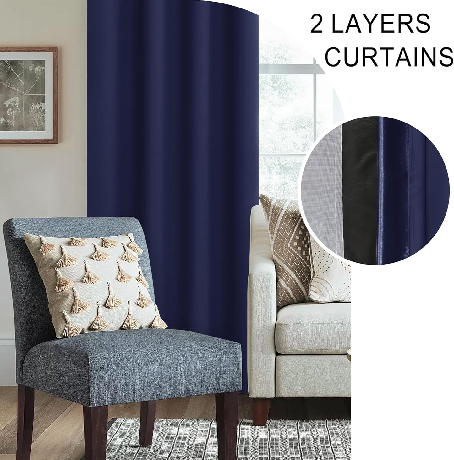 XWZO 100% Blackout Curtains - Extra Long Thermal Insulated Black Liner Rod Pocket Curtains, Noise Reducing and Heat Blocking Drapes for Bedroom with Tiebacks, Navy Blue, W52 x L108, Set of 2