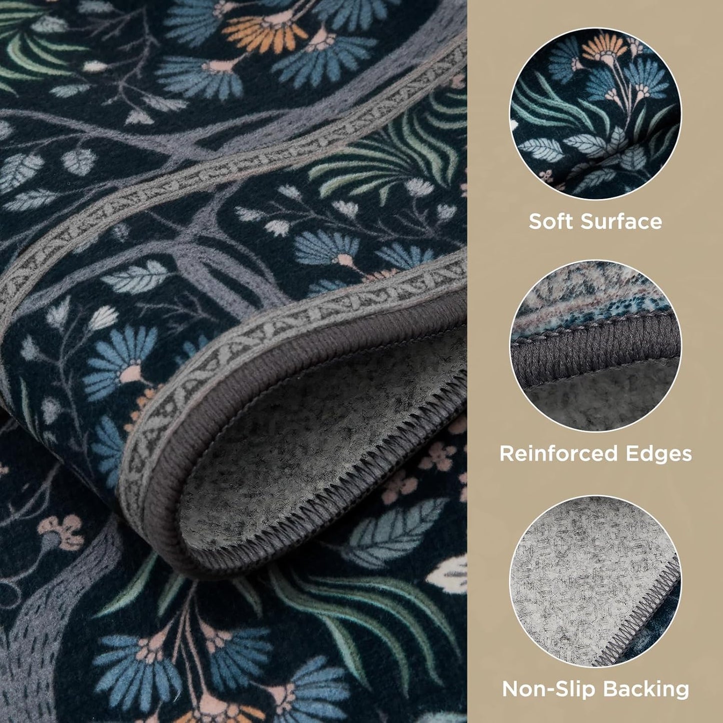 Joydeco Floral Washable Runner Rug for Kitchen, Forest Hallway Rug Runner 2x6 Non Slip, Boho Botanical Ultra-Thin Soft Indoor Floor Throw Carpet for Bathroom Entryway Foyer, Blue-Black