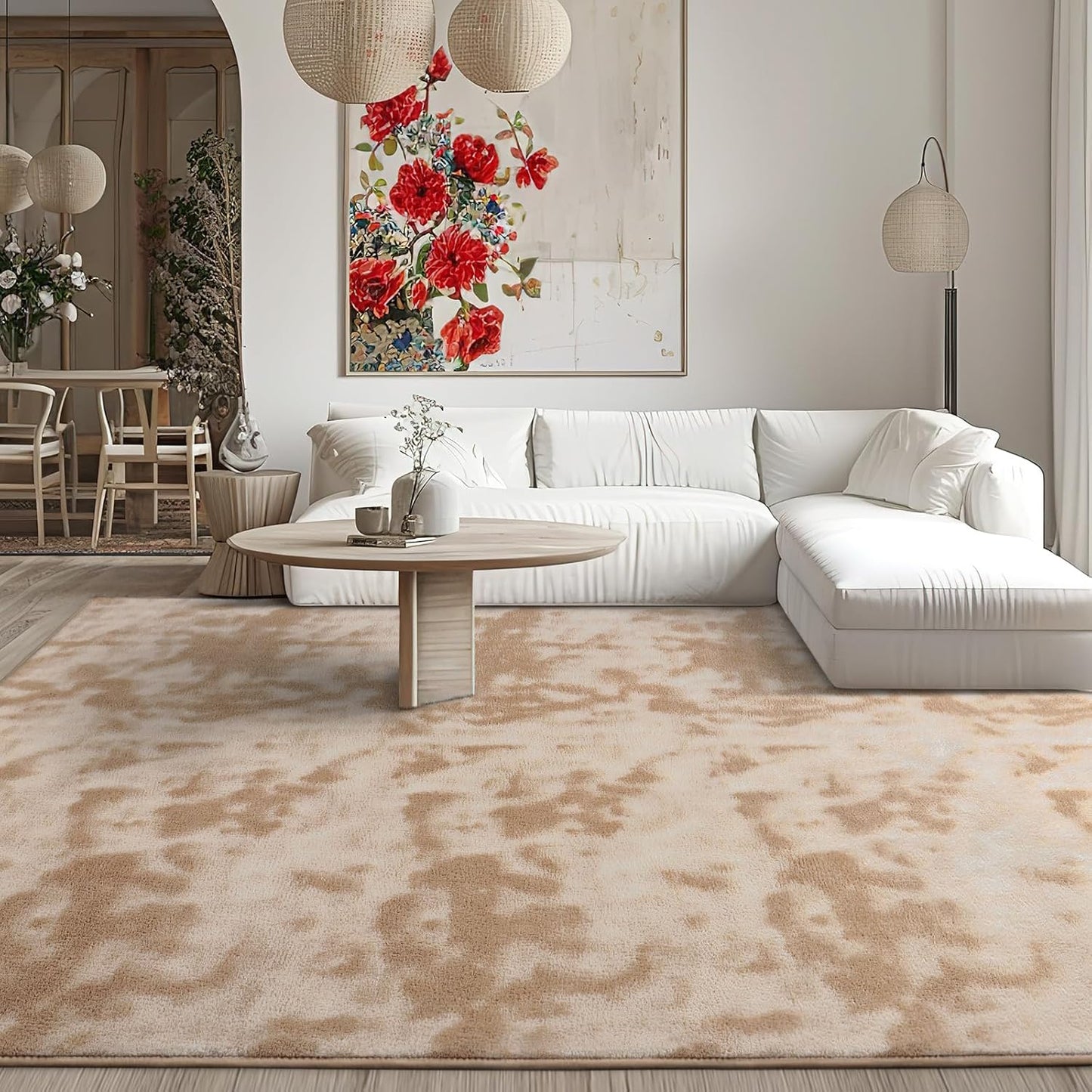 Kimicole 4x6 Washable Area Rugs for Bedroom Living Room, Low Pile Ulta-Thin Solid Color Rug, Non-Slip Soft Fluffy Carpet for Nursery Kids Room Dorm Room Home Decor (Light Tan)
