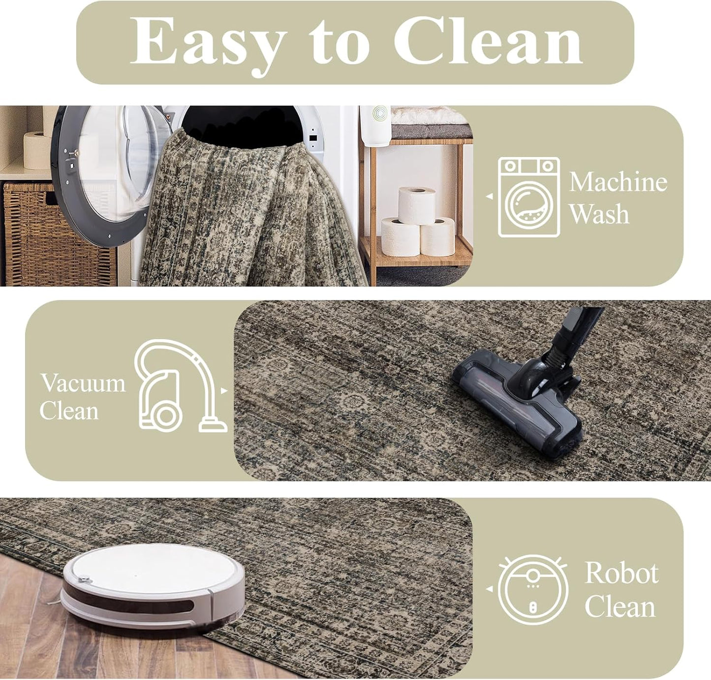Washable Area Rugs 8x10, Large Rugs for Living Room, Carpet for Bedroom, Soft Faux Wool Retro Dining Room Rug, Non-Slip Backing Resistant Low Pile Vintage Print Rug for Home Office (Brown)