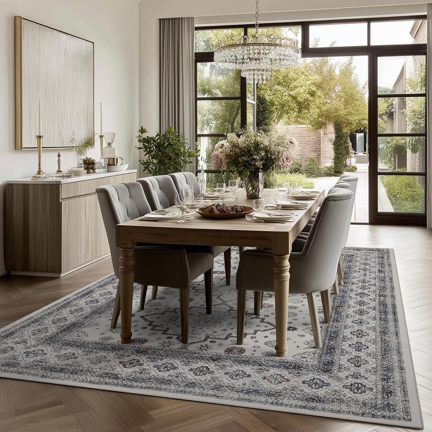 4x6 Washable Area Rug for Living Room, Carpet for Bedroom, Soft Faux Wool Retro Dining Room Rug, Non Slip&Non-Shedding Resistant Low Pile Vintage Print Rug for Home Office (White Cream/Gray)