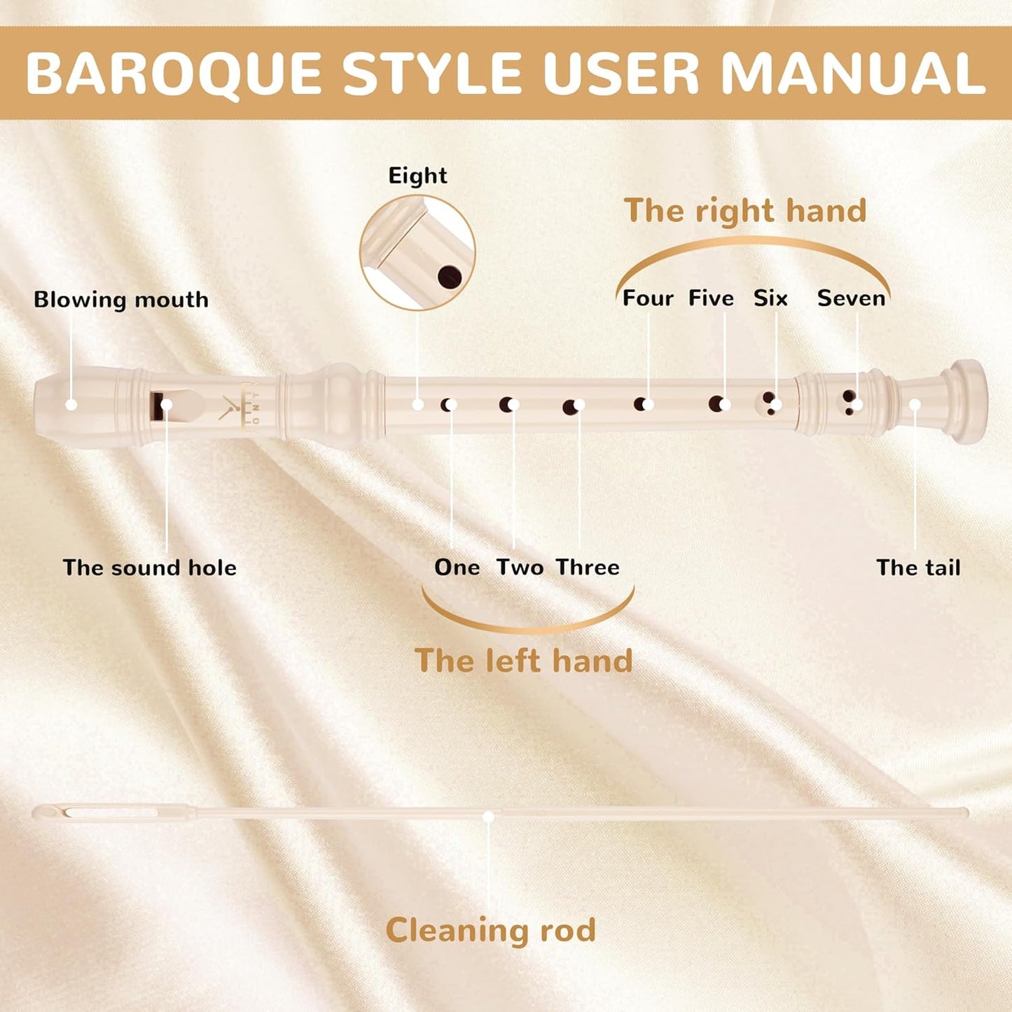 Soprano Recorder 8-Hole Instrument for Beginners Kids Students, Baroque Style C Key Flute with Cleaning Rod & acking Bag for Education & Entertainment - Beige