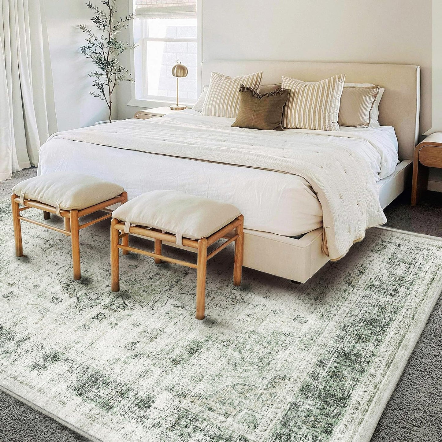 Washable Area Rug 9'x12' Retro Floral Green Boho Design Non-Shedding Easy Care Ideal for High Traffic Areas in Living Room Bedroom Office Coffee Table Kitchen Large Carpet