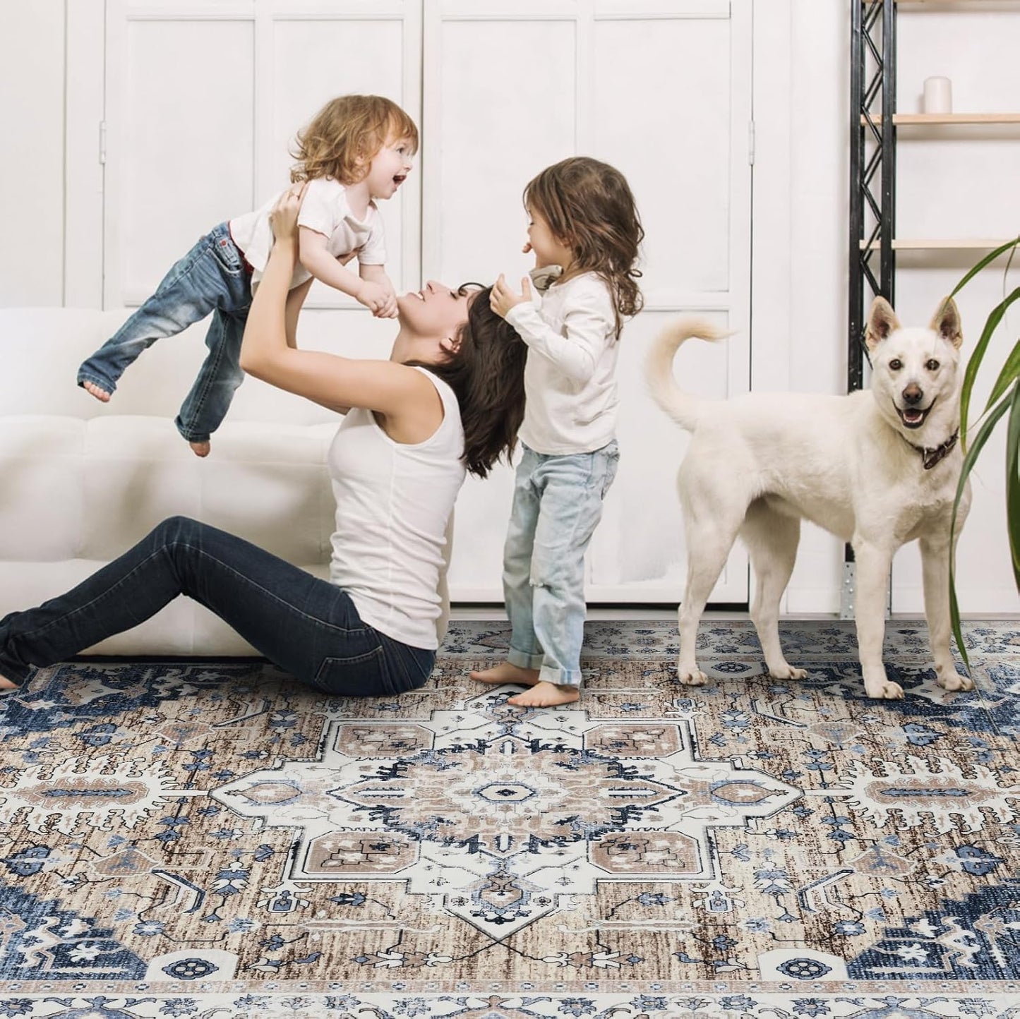 9x12 Area Rug Living Room Rugs, Stain Resistant Washable Rug, Vintage Large Non-Slip Backing, Low Pile Lightweight Print Rug for Bedroom Dinning Room Home Office (Taupe/Blue)