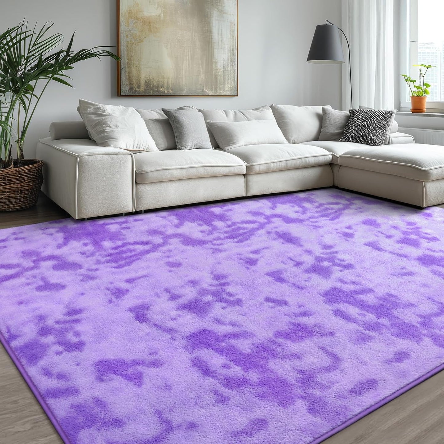 Kimicole 7x10 Washable Area Rugs for Living Room Bedroom, Large Low Pile Ulta-Thin Solid Color Rug, Non-Slip Soft Fluffy Carpet for Nursery Kids Room Dorm Room Home Decor (Purple)
