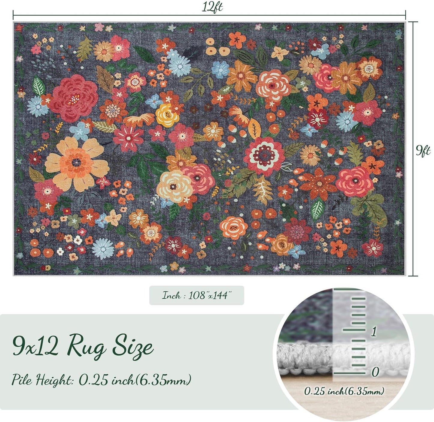 9x12 Area Rug for Living Room: Vintage Floral Washable Rug Soft Boho Non Slip Carpet Large Indoor Floor Non Shedding Low Pile Thin Carpets for Bedroom Dining Room Farmhouse Nursery Home Office Black