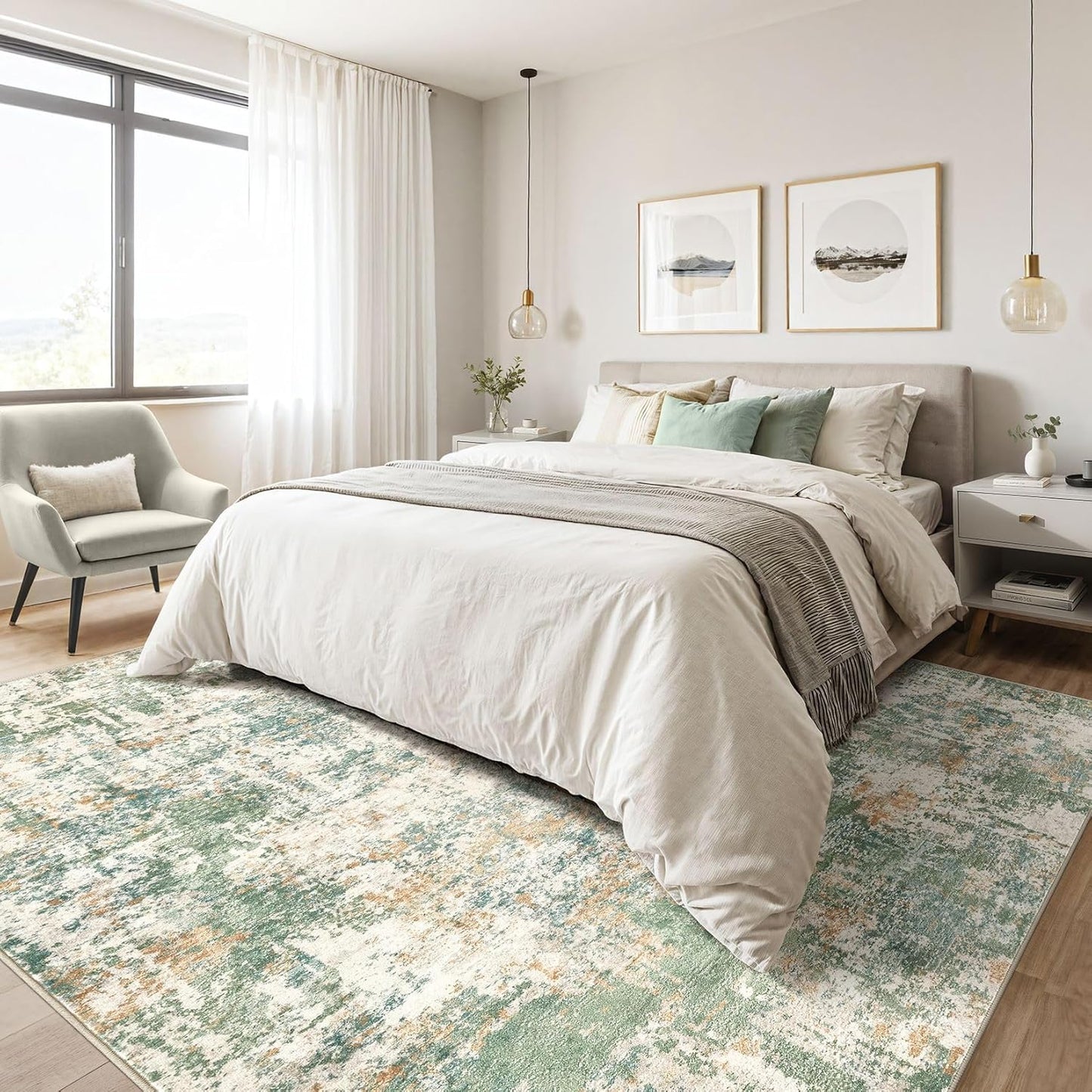 8x10 Area Rugs Living Room: Washable Large Abstract Soft Green Rug Stain Resistant Indoor Floor Non-Slip Accent Carpet for Men Modern Home Enthusiasts Aged 25-45 - Bedroom Office Playroom