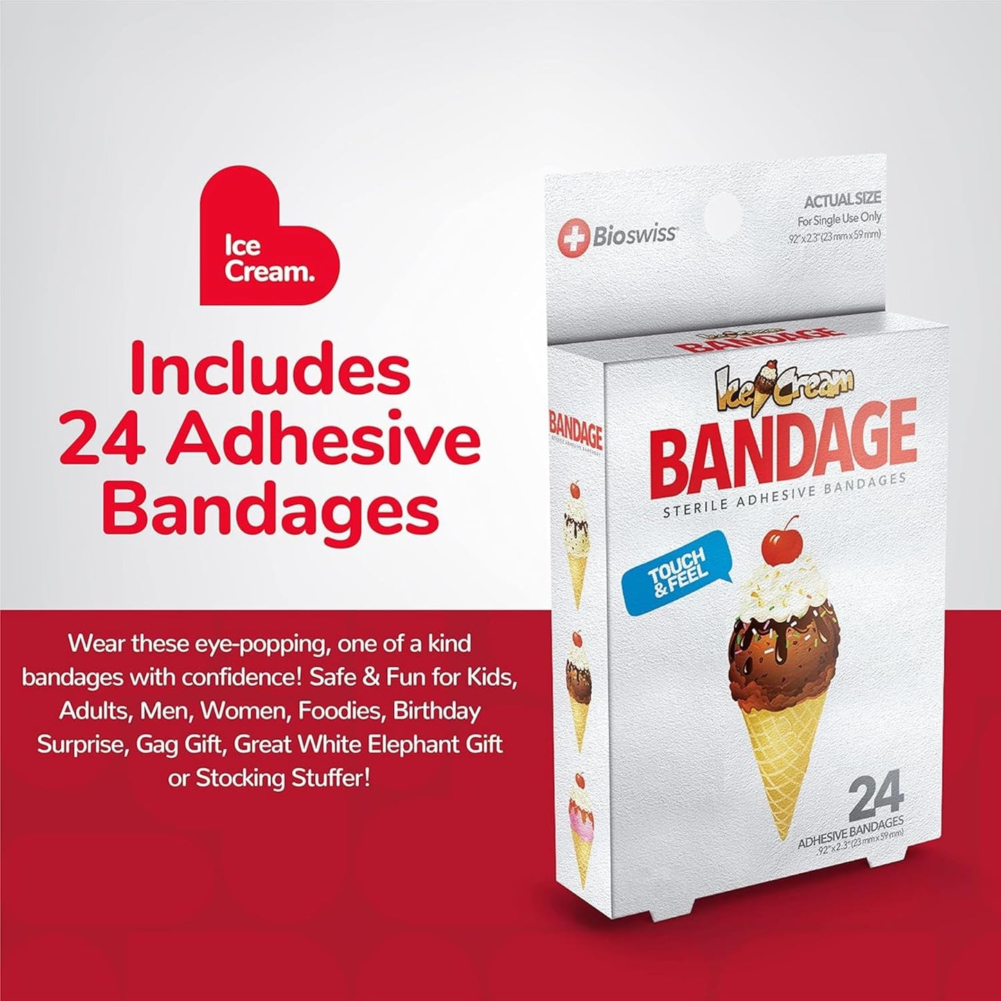 BioSwiss Bandages, Ice Cream Shaped Self Adhesive Bandage, Latex Free Sterile Wound Care, Fun First Aid Kit Supplies for Kids, 24 Count