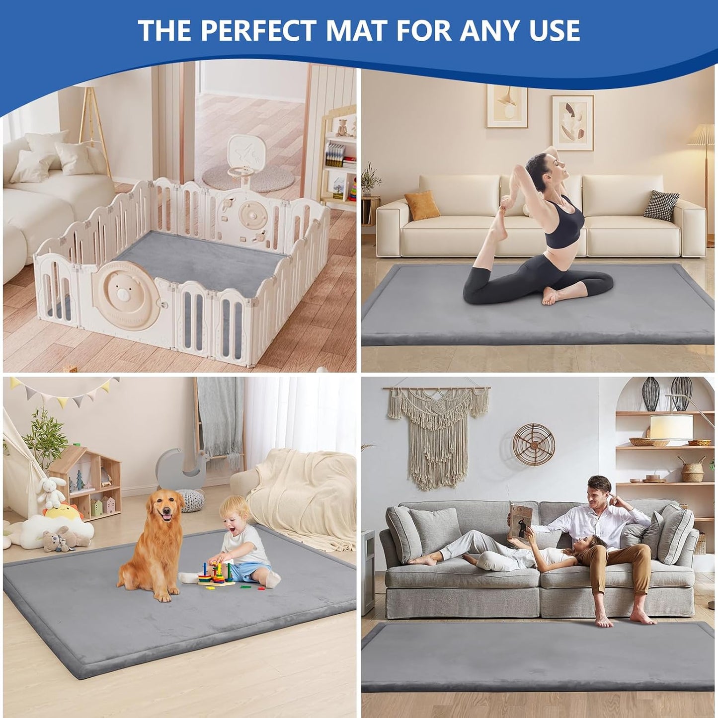 Baby Play Mat for Floor,1.3" Thick Memory foam Tummy Time Mat for Toddlers,Infants,kids,Water-Repellent Soft Nursery Rug ,Extra Large Non Slip for Crawling&Yoga,Tatami Style for Living Room(Dark Grey)