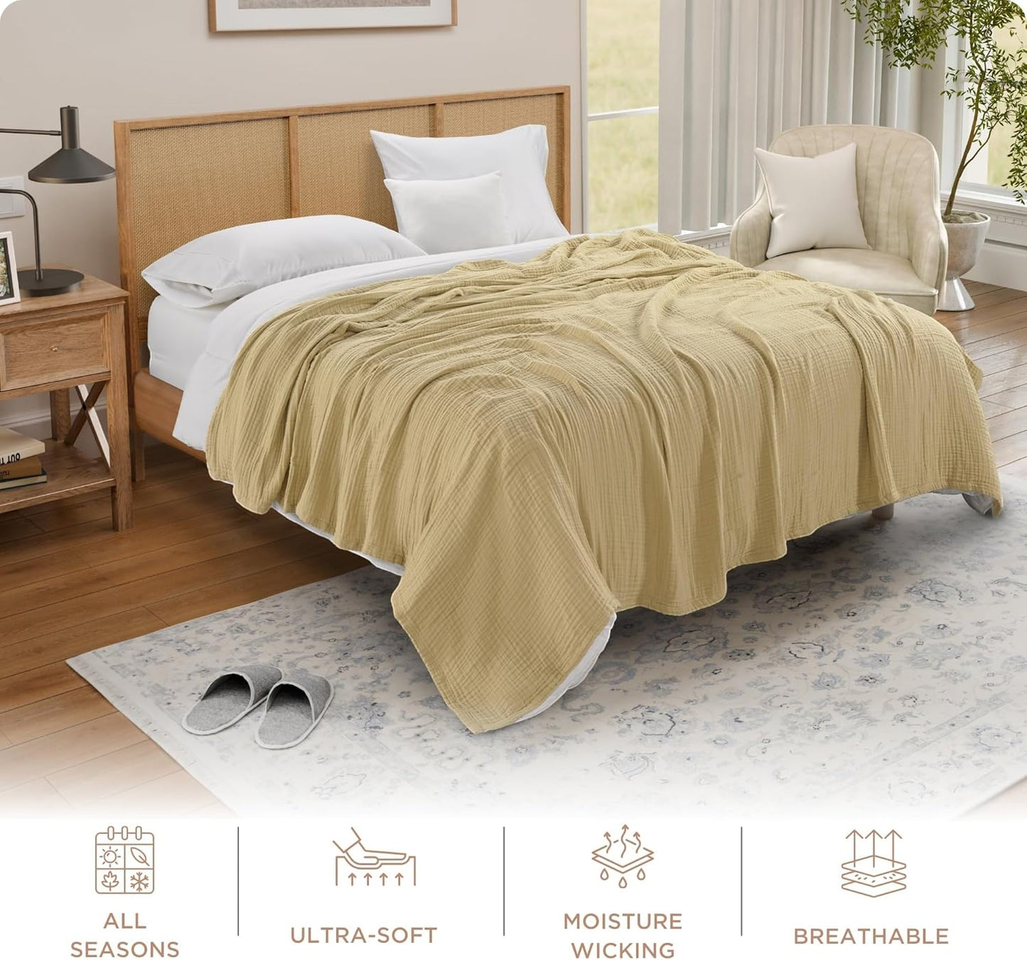 Threadmill Summer Muslin Twin Blanket | 4-Layer Gauze for Couch or Bed | Cozy All-Season Lightweight | 100% Cotton Ideal for Bed| Blanket