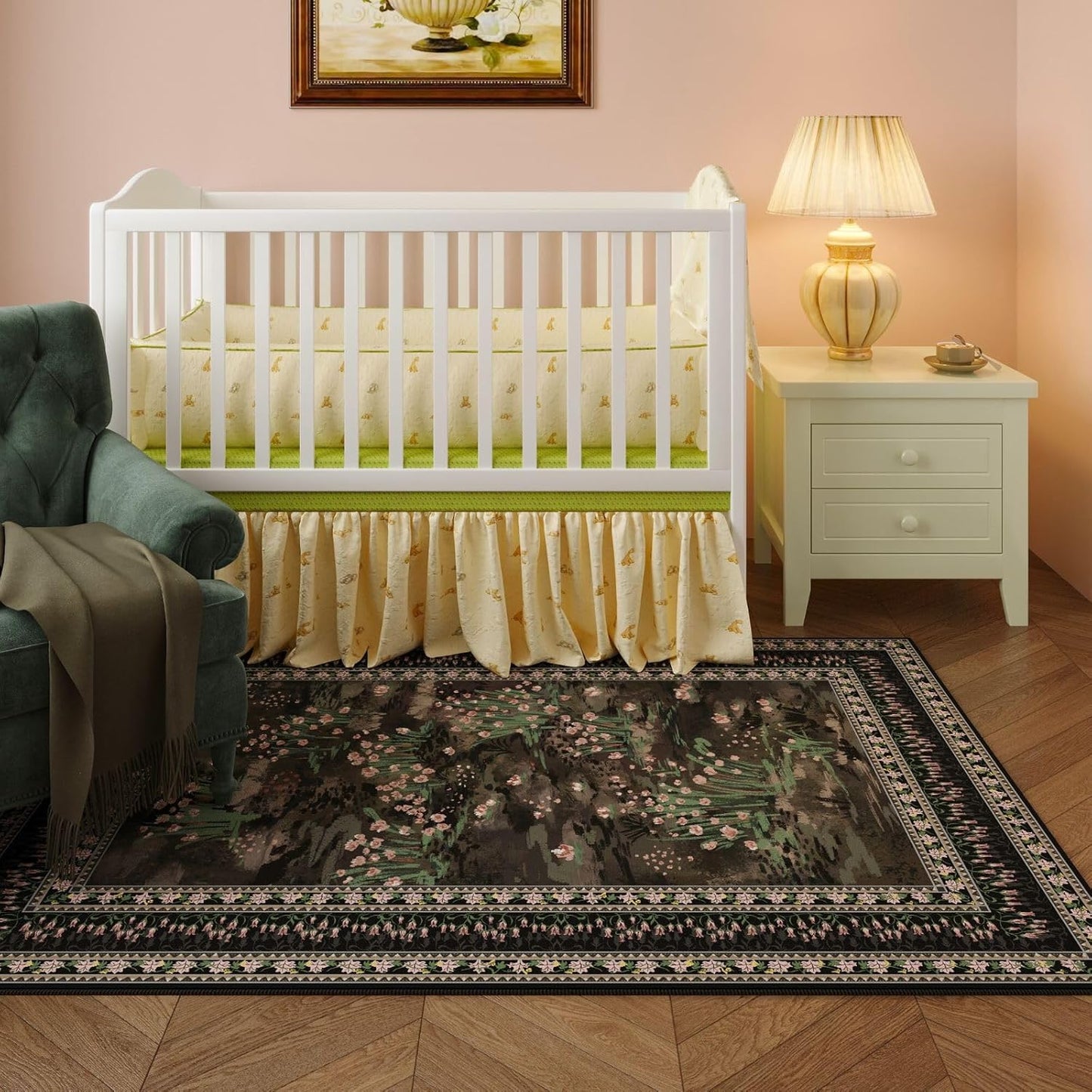 3x5 Washable Rug Impressionist-Style Vintage Non Slip Low Pile Small Carpet for Bedroom Bedside Kitchen Entryway Kids Room Office College Dorm Essentials for Girls, Black
