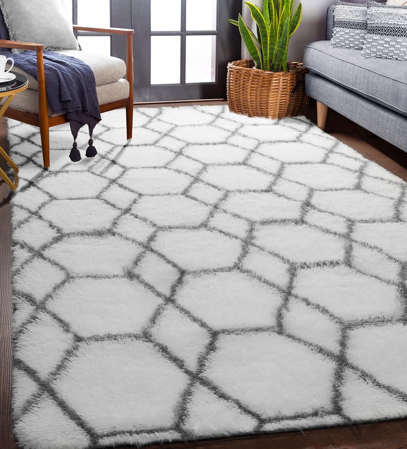 ONASAR Area Rugs for Living Room, Washable 5x8 Fluffy White and Grey Rug for Bedroom, Geometric Moroccan Indoor Shaggy Boho Soft Plush Floor Carpet for Kids Teen Nursery Dorm Home Decor Aesthetic