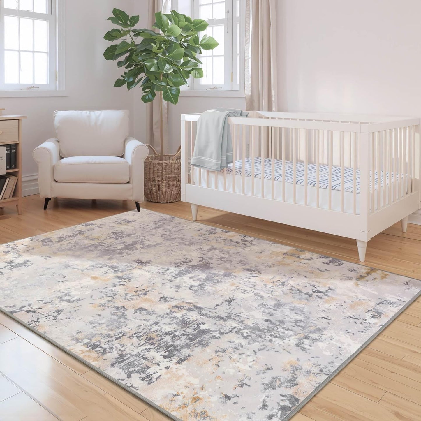 Living Room Rugs 6x9 Grey Washable Area Rug, Abstract Modern Bedroom Rugs Non Slip Stain Resistant Neutral Large Carpet for Nursery, Dining, Kids Playroom, Dining Room, Office, Gray