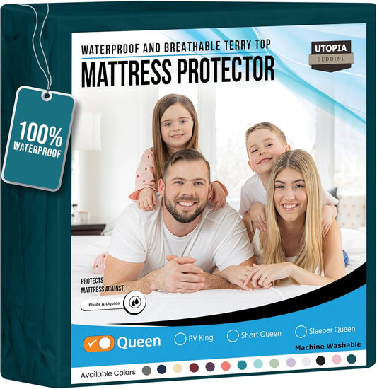 Utopia Bedding Waterproof Mattress Protector Queen Size, Premium Terry Mattress Cover 200 GSM, Breathable, Fitted Style with Stretchable Pockets (Teal)
