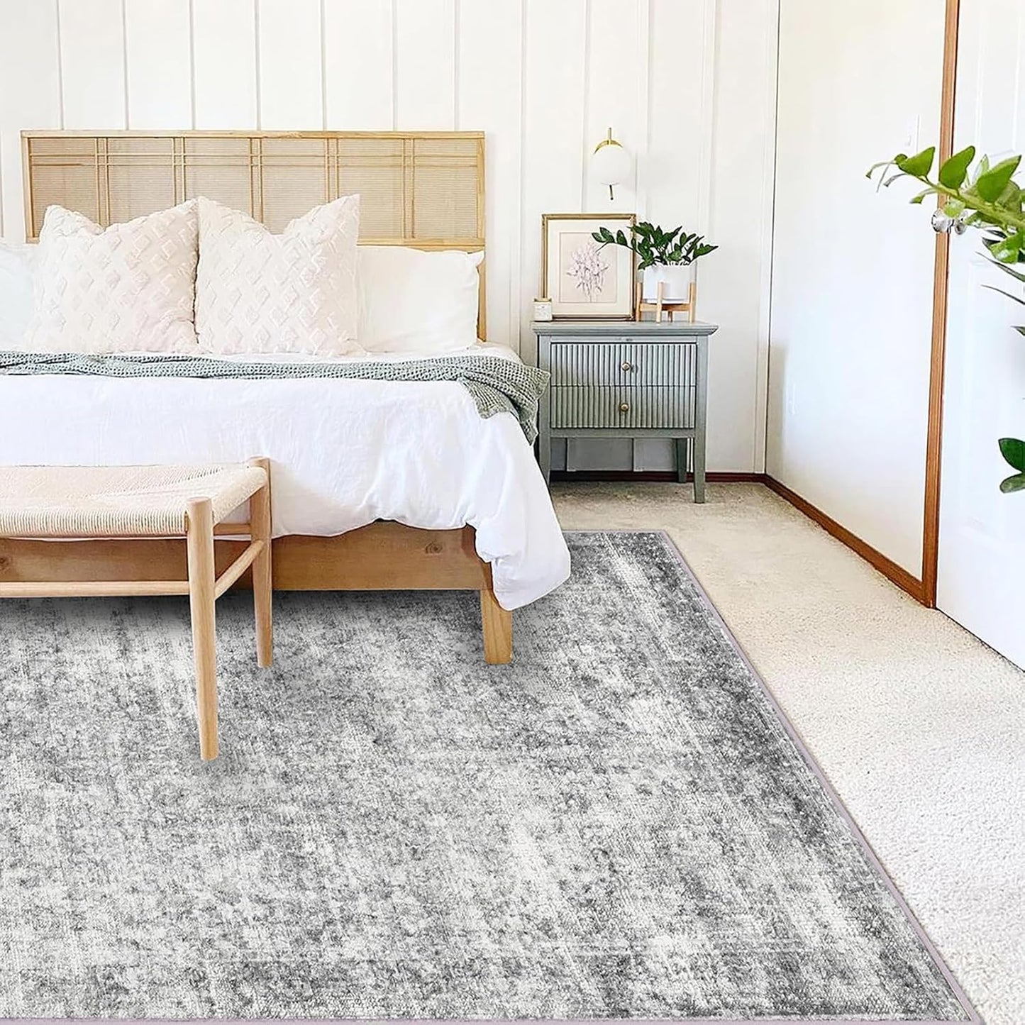 Area Rug 6x9 Washable Rug Gray Vintage Traditional Floor Cover Thin Rug Retro Kitchen Indoor Distressed Non Slip Carpet Floral Print Mat Living Room Bedroom Dining Room