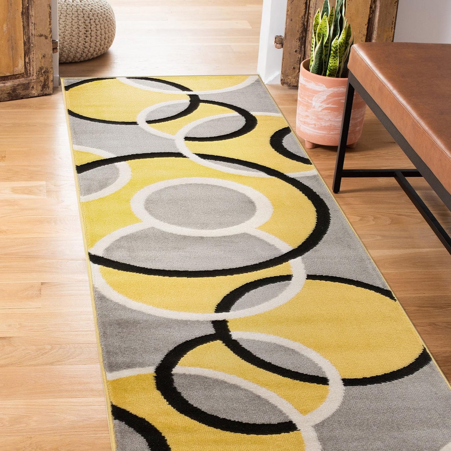 Rugshop Contemporary Abstract Circles Easy Maintenance for Home Office,Living Room,Bedroom,Kitchen Soft Runner Rug 2' x 7' 2" Yellow