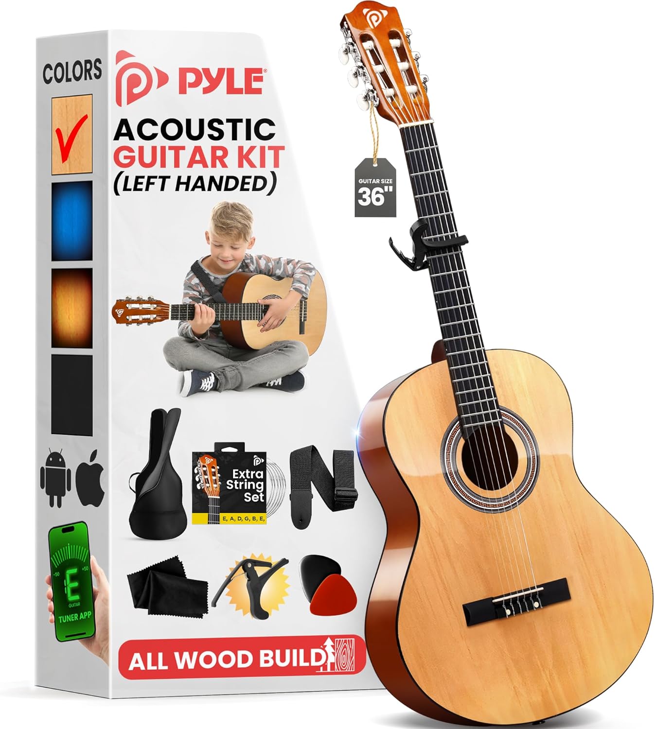 Pyle Left Handed Beginner Acoustic Guitar Kit, 3/4 Junior Size All Wood Build Nylon String Instrument with Capo, Strap, Extra String Set, Gig Bag, Guitars for Beginners Adults Youth, 36" Natural Gloss