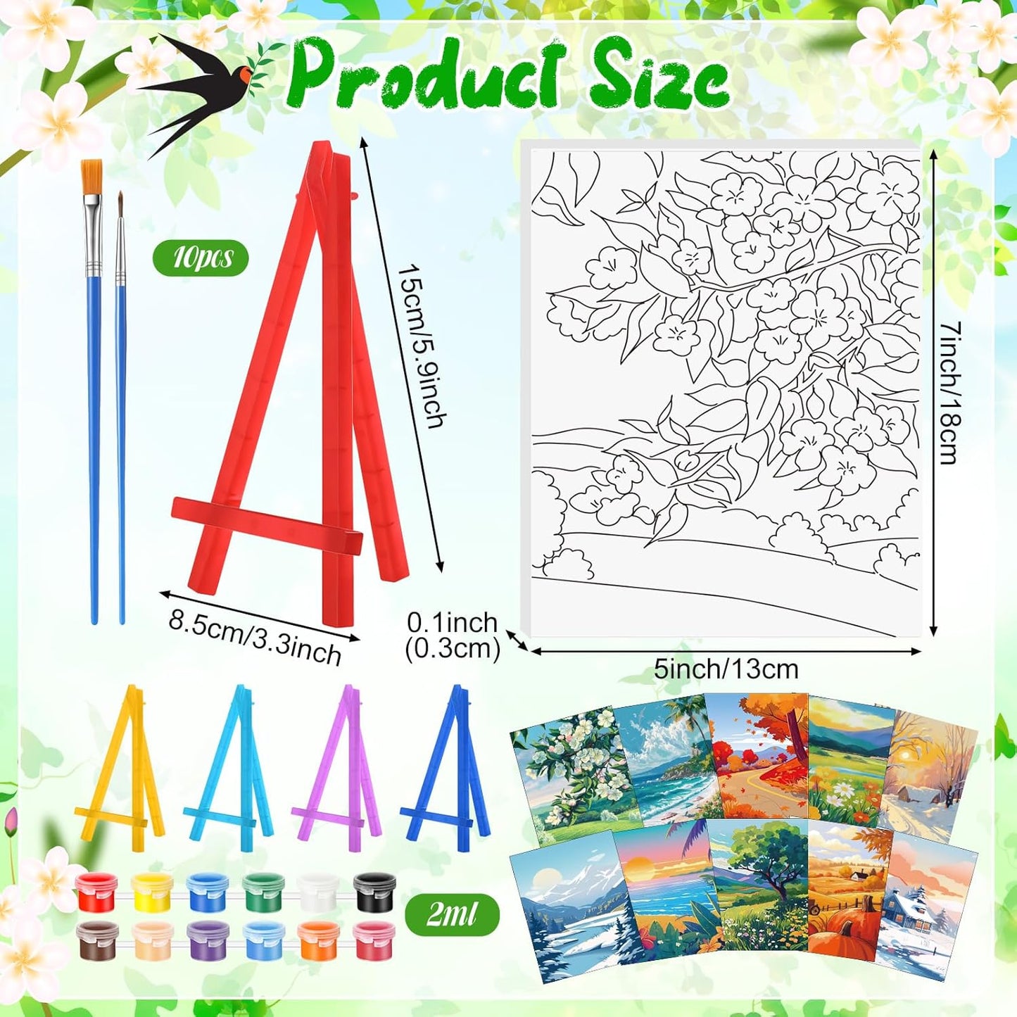 Blosssound 10 Set Pre Printed Canvas Pre Drawn Canvas Painting with Easel Kits 5" x 7" Outline Painting Panels for Beginners, DIY Craft Project, Party Favor, Home Decors(Four Seasons)