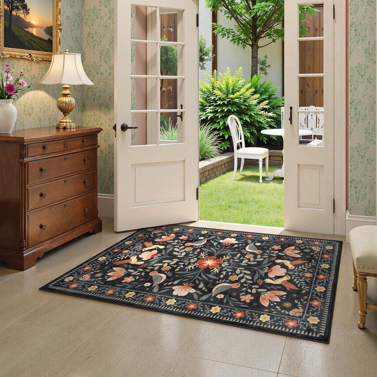Moynesa Boho Bird 3x5 Rug, Ultra Thin Washable Kitchen Rugs Anti Skid Rubber Backing, Low Pile, Soft, Indoor Large Black Throw Carpet for Entryway Office Bedroom Bathroom Living Room