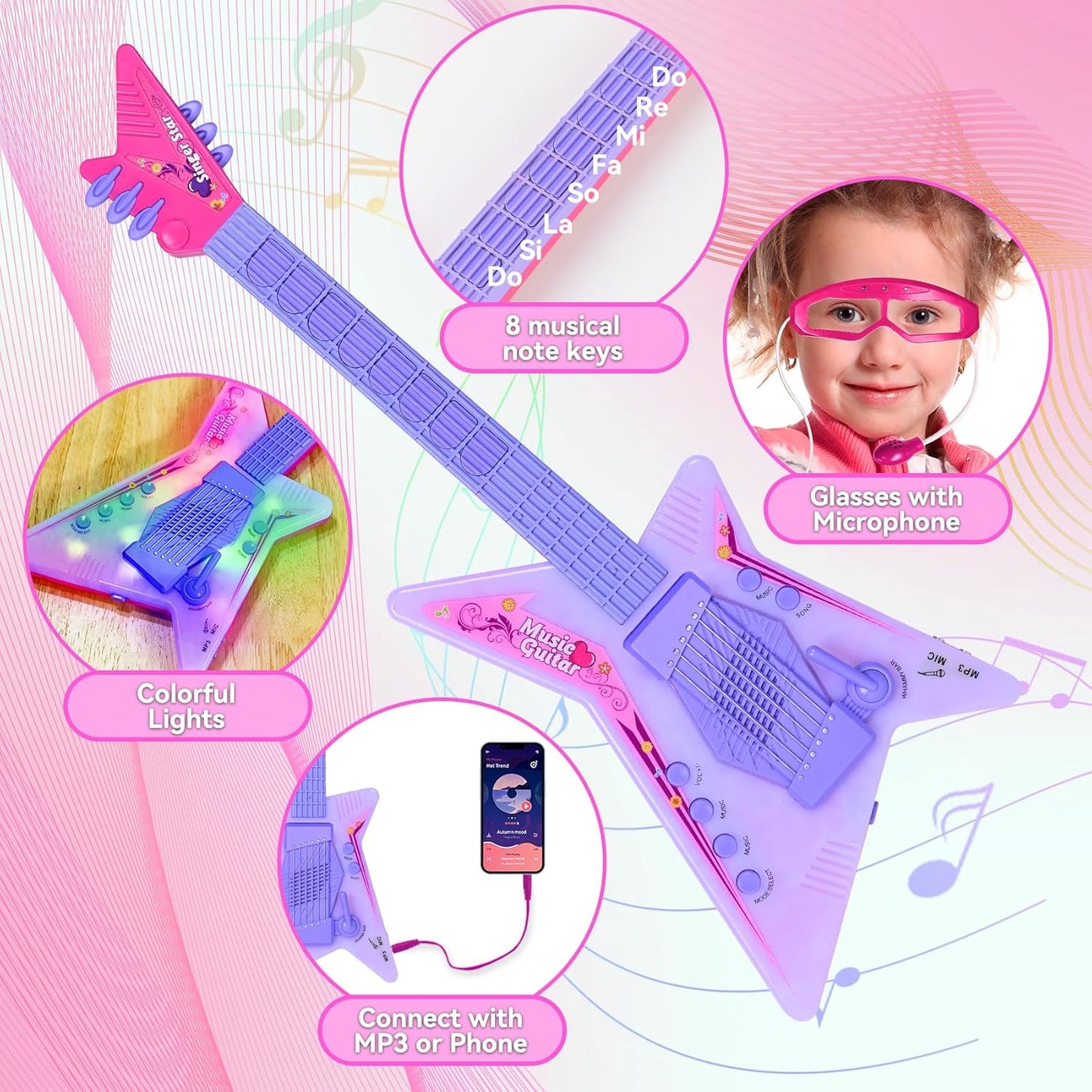 Guitar and Microphone Play Set for Girls,Kids Music Toys,Karaoke Machine with Music&Light,Music Instruments for Toddlers,Educational Toys Gift for Children