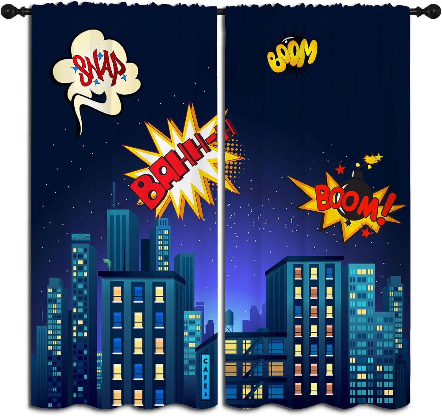 Superhero Rod Pocket Blackout Curtains for Boy Girl Bedroom, Cartoon Skyline Buildings Cityscape Home Energy Efficient Light Filtering Window Curtain for Living Room, 42x63 inch