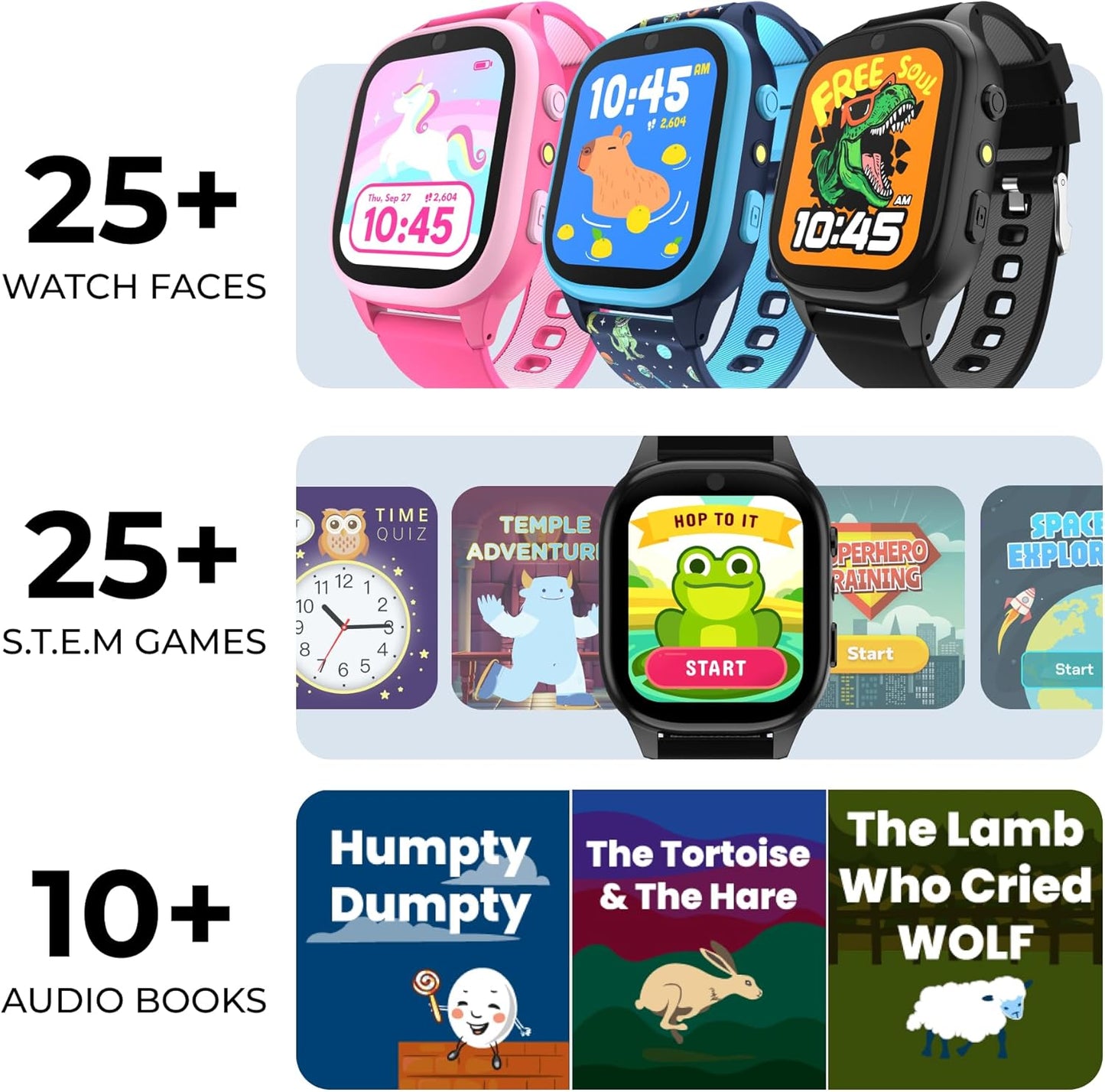 PlayZoom 4 Kids Smartwatch – 1.83” Color Touchscreen, 25+ Games, Selfie Camera, Audiobooks, Songs, Step Tracker, Parental Controls, Waterproof, for Ages 4-12 (Black)