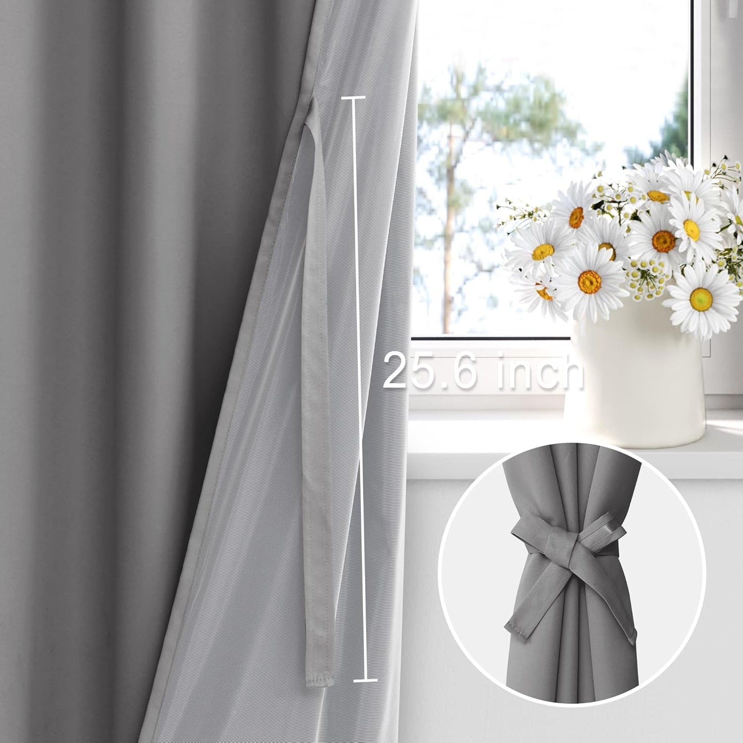 XWZO Complete Blackout Window Curtain Panels with Tiebacks- Rod Pocket Noise Reduction and Light Blocking Curtains with Black Liner for Studio, Basement Room, Grey, W42 x L45, Set of 2