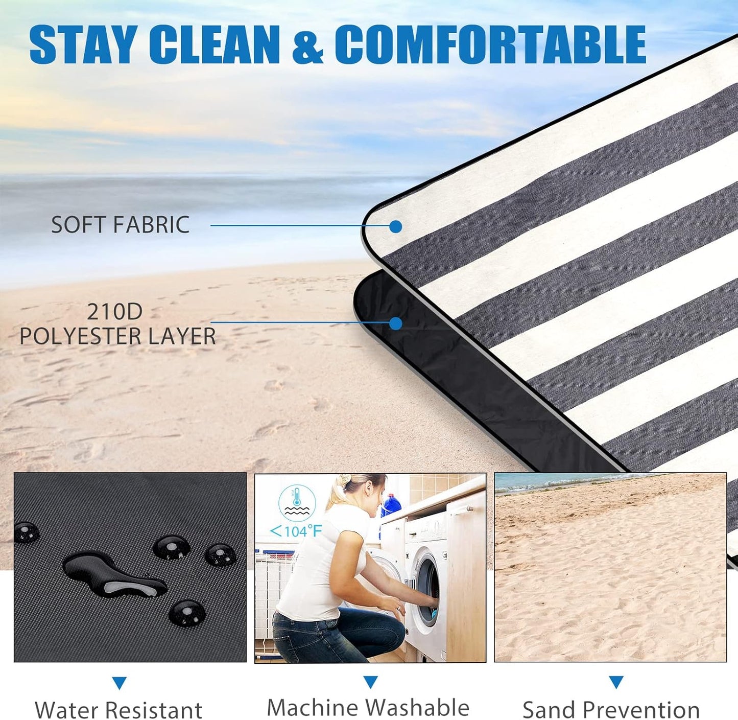 G GOOD GAIN Waterproof Picnic Blanket Portable with Carry Strap for Beach Mat or Family Outdoor Camping Party, Park Blanket for Grass Park, Hiking, Travel, Concerts (Denim Blue)