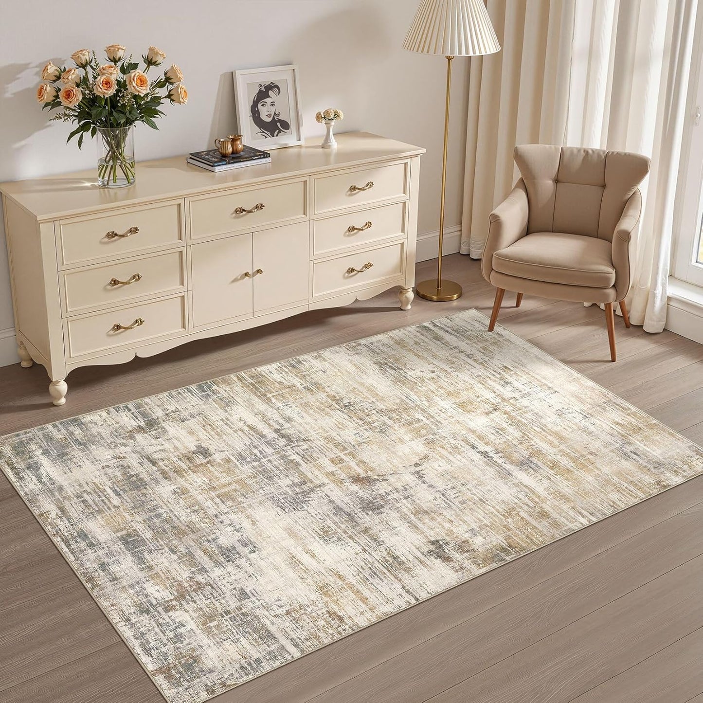 Area Rug for Living Room: 3x5 Washable Neutral Abstract Modern Soft Rugs Non Slip Indoor Floor Stain Resistant Carpet for Bedroom Dining Room Office Nursery - Golden Brown