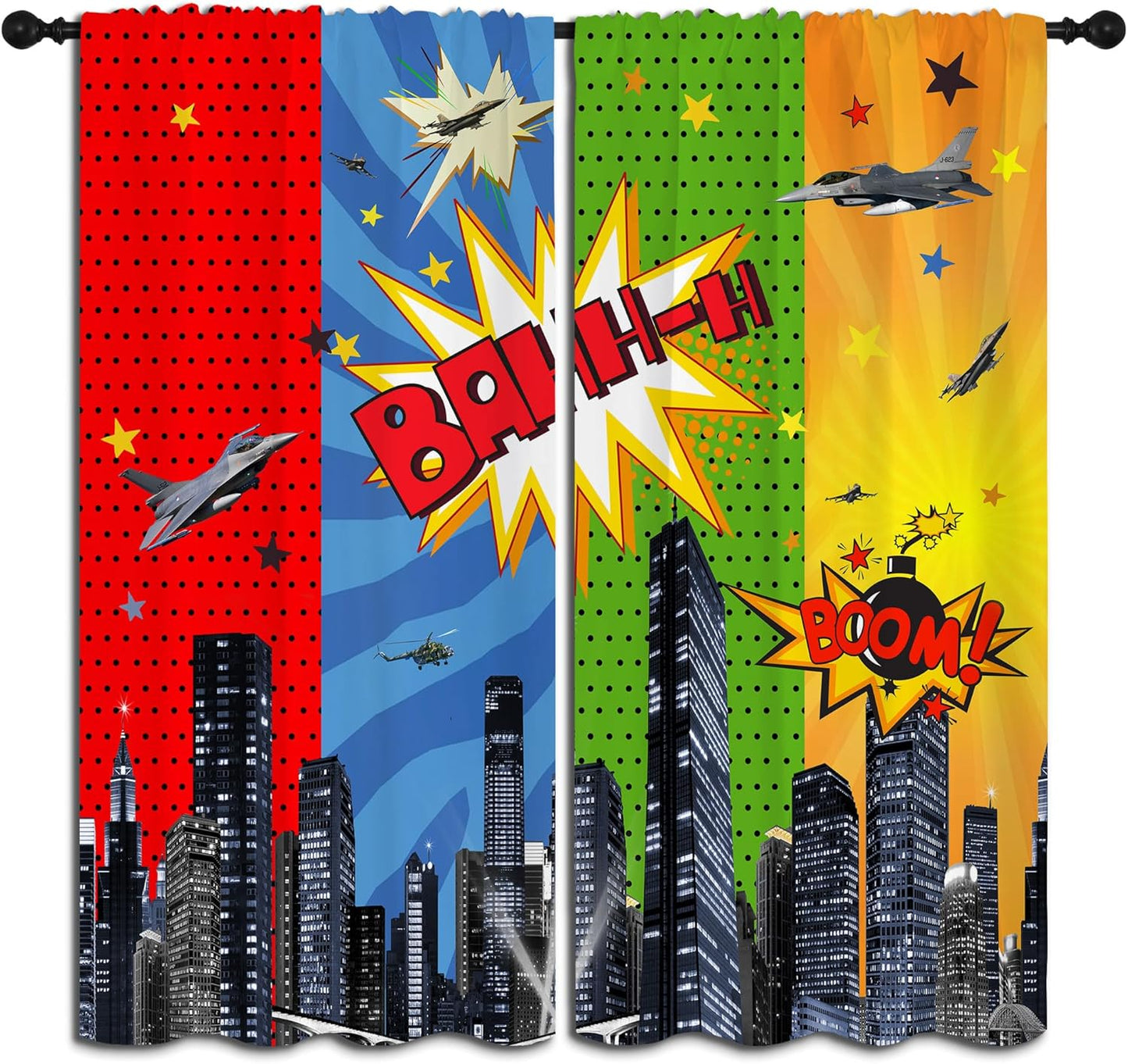 Superhero Rod Pocket Blackout Curtains for Boy Girl Bedroom, City War Explosion Comics Art Home Energy Efficient Light Filtering Window Curtain for Living Room, 84x84 inch