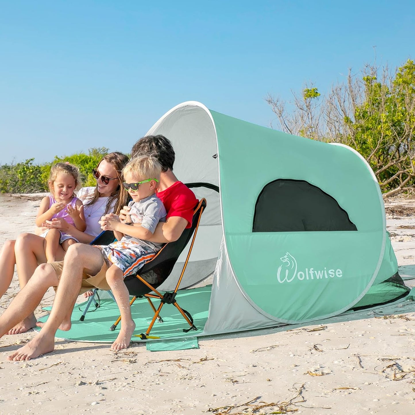 WolfWise UPF 50+ Easy Pop Up 3 Person Beach Tent Sport Umbrella Instant Sun Shelter Tent Sun Shade Canopy, Mint Green