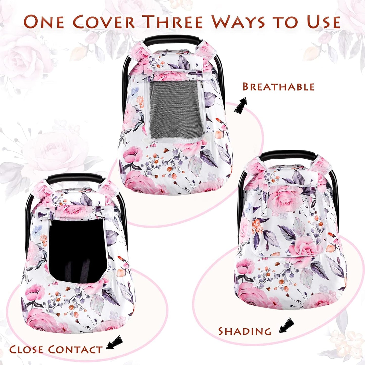 Floral Baby Carseat Cover Girls, Pea Pod Infant Car Seat Covers Canopy for Newborn with 2 Layers Windows of Breathable Mesh/Fabric, Lightweight Polyester/Minky Dot Backing, Snug Fit Most Baby Car Seat