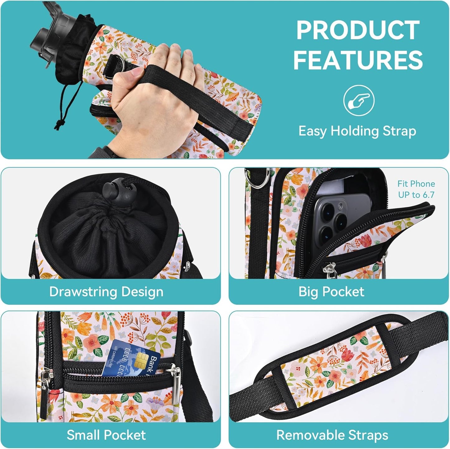 AUPET Water Bottle Sling Bag Sleeve Holder Carrier 25/32/40/64 oz,Insulated Crossbody Water Bottle Case Cover with Strap and Pockets for Men/Women Walking Hiking