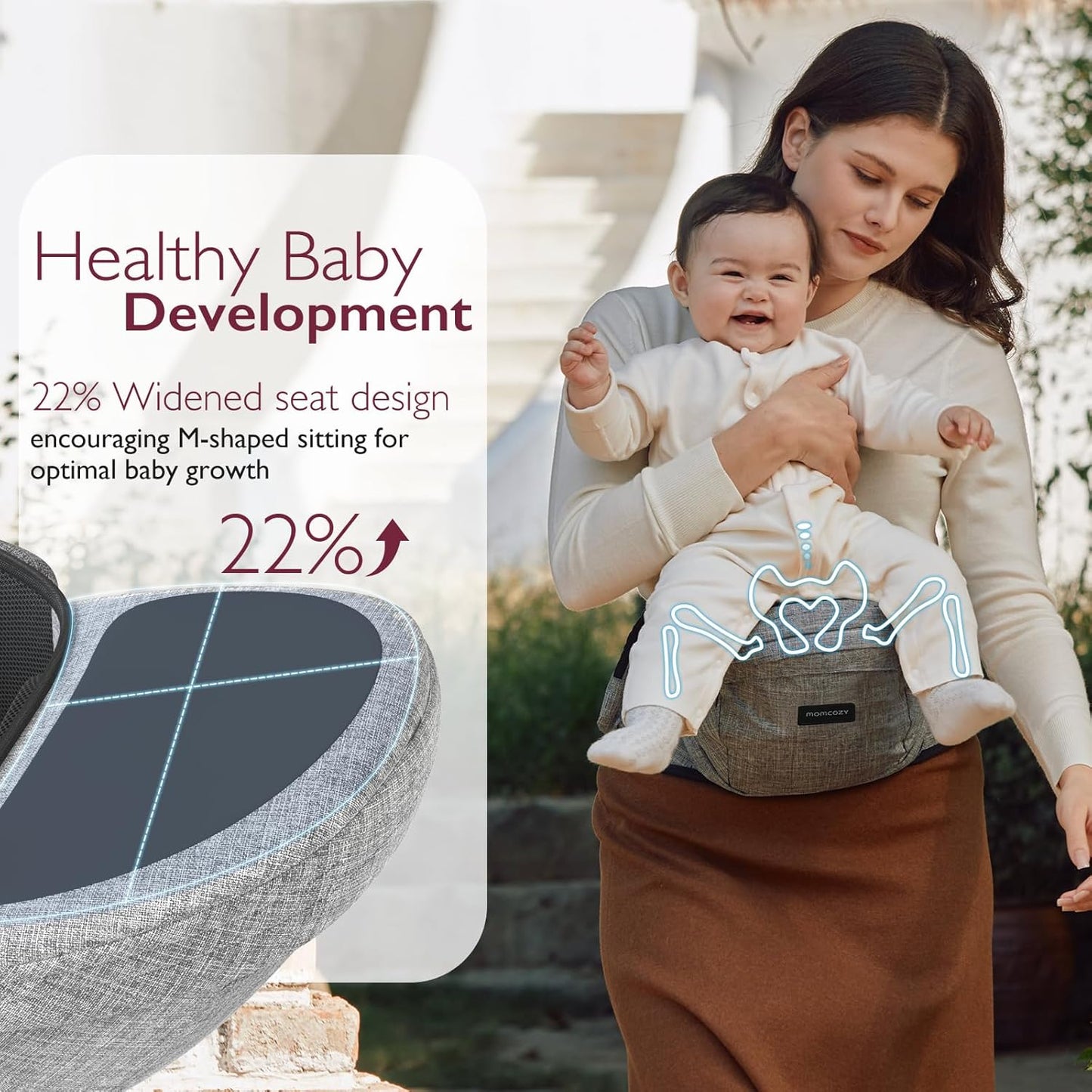 Momcozy Hip Seat Baby Carrier - Adjustable Waistband with Original 3D Belly Protector, Ergonomic Carrier with Various Pockets for Newborns & Toddlers up to 45lbs (Grey, Large)