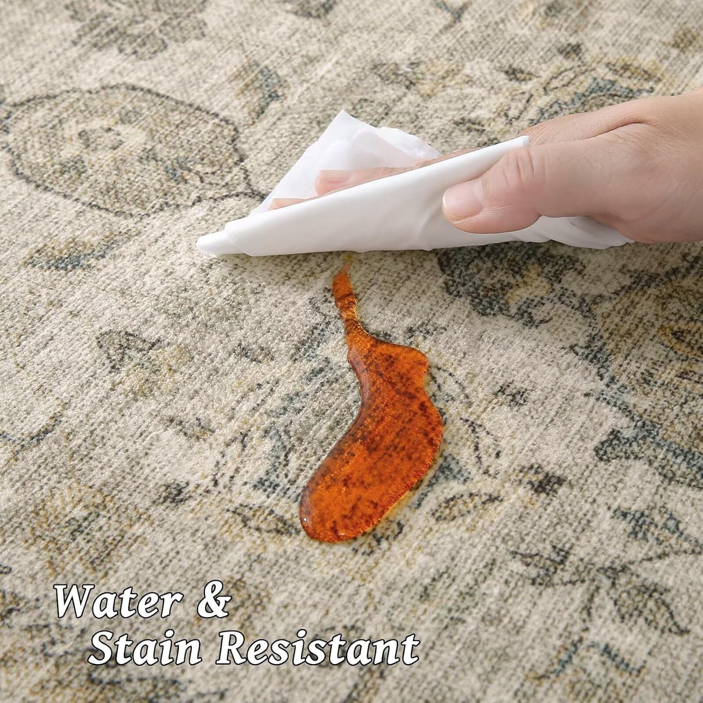 Washable 8x10 Area Rugs for Living Room, Boho Non-Slip Silicone Backing Rugs for Bedroom Dining Room Nursery Office, 0.3" Neutral Oriental Throw Carpet with 0.16" Cushioning Pad, Light Brown/Multi