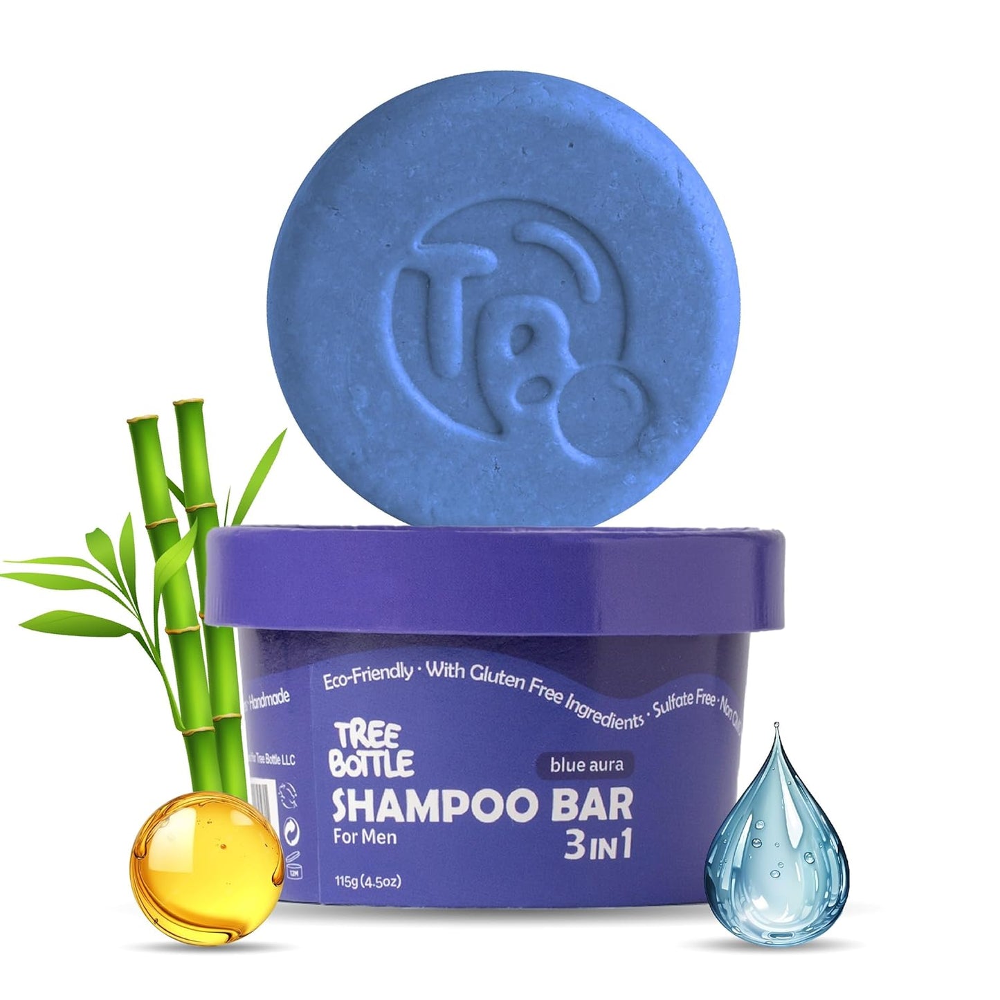 Tree Bottle Argan Oil + Bamboo Extract 3-in-1 Shampoo Bar for Men - For Hair, Beard & Body - Deep Clean, Nourishing & Frizz Control - Natural, Paraben & Sulfate-Free - Made in USA - 4.5oz