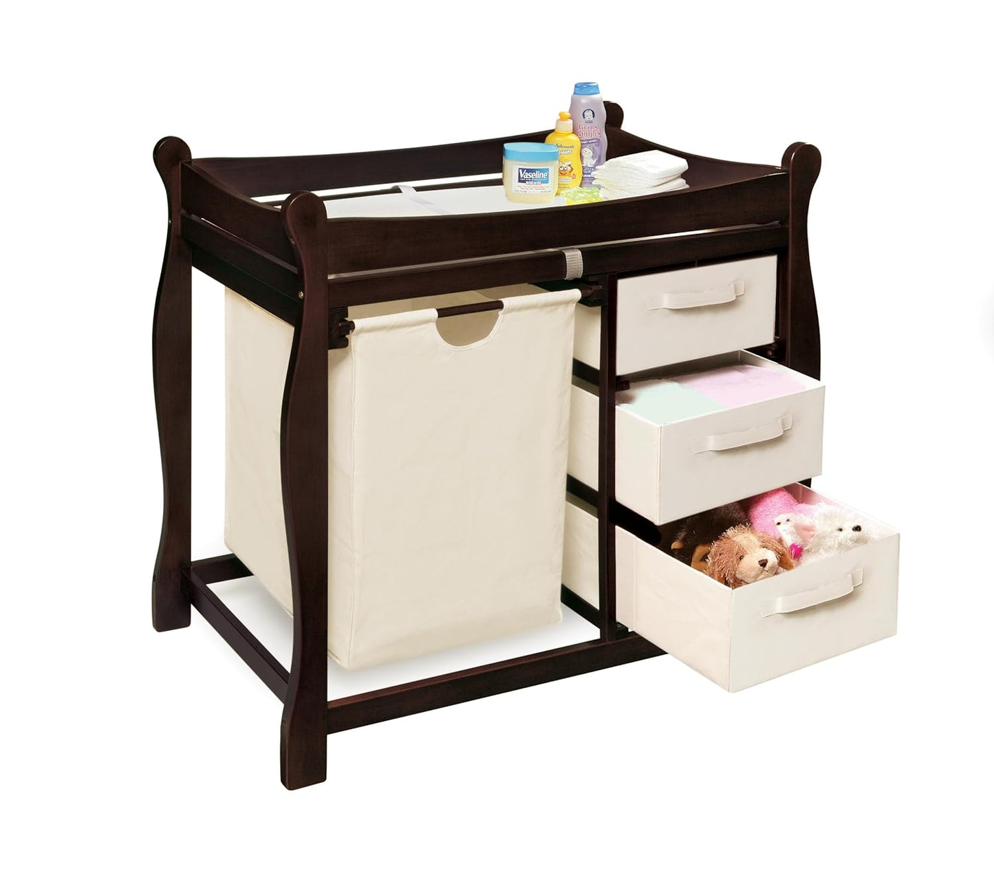 Badger Basket Sleigh-Style Baby Changing Table - Diaper Changing Station with 3 Storage Baskets - Nursery Organizer with Hamper, Changing Pad, Safety Rails - Espresso